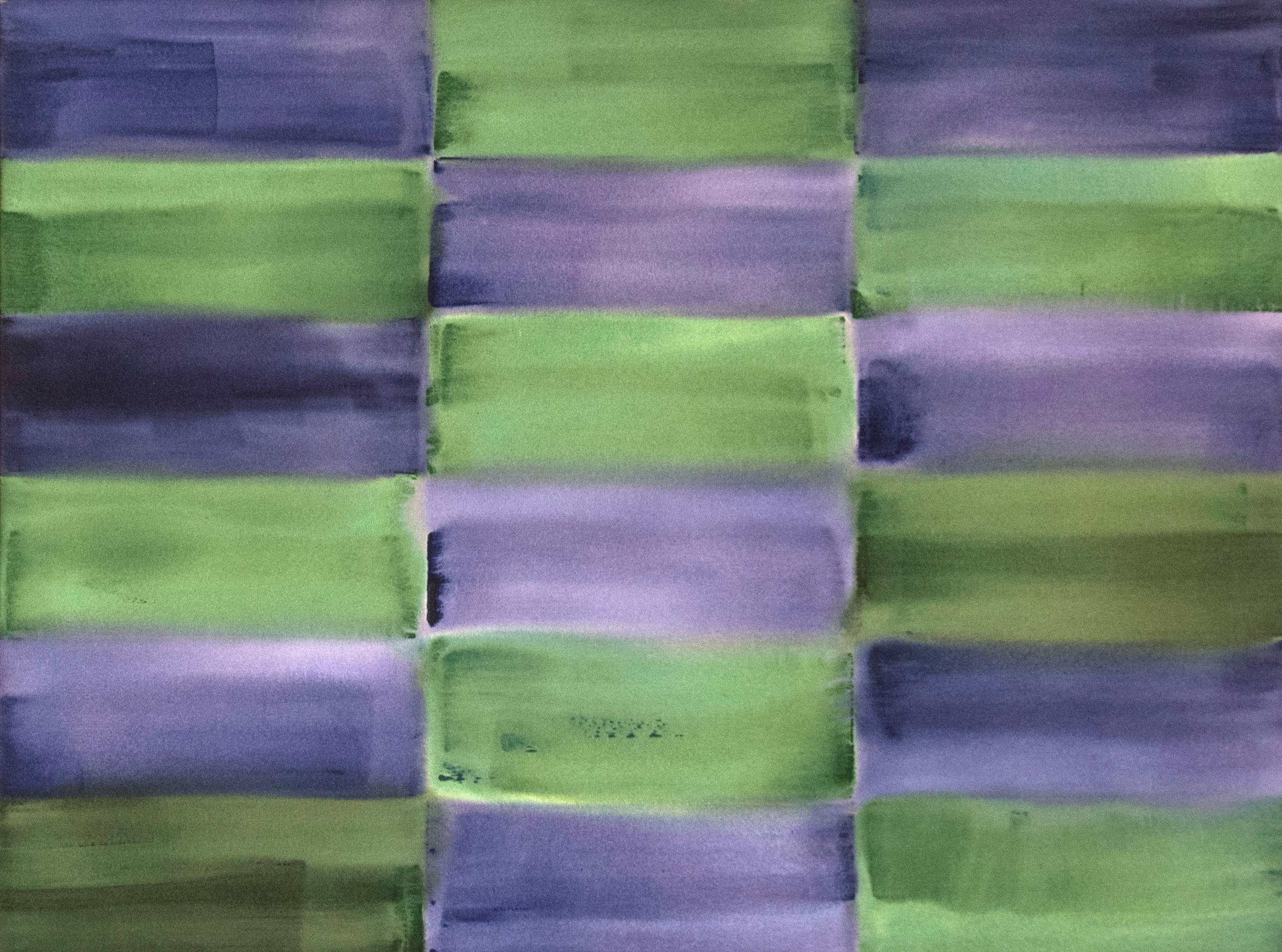 Winter Solstice - purple and green grid, geometric abstract, acrylic on canvas - Painting by Milly Ristvedt