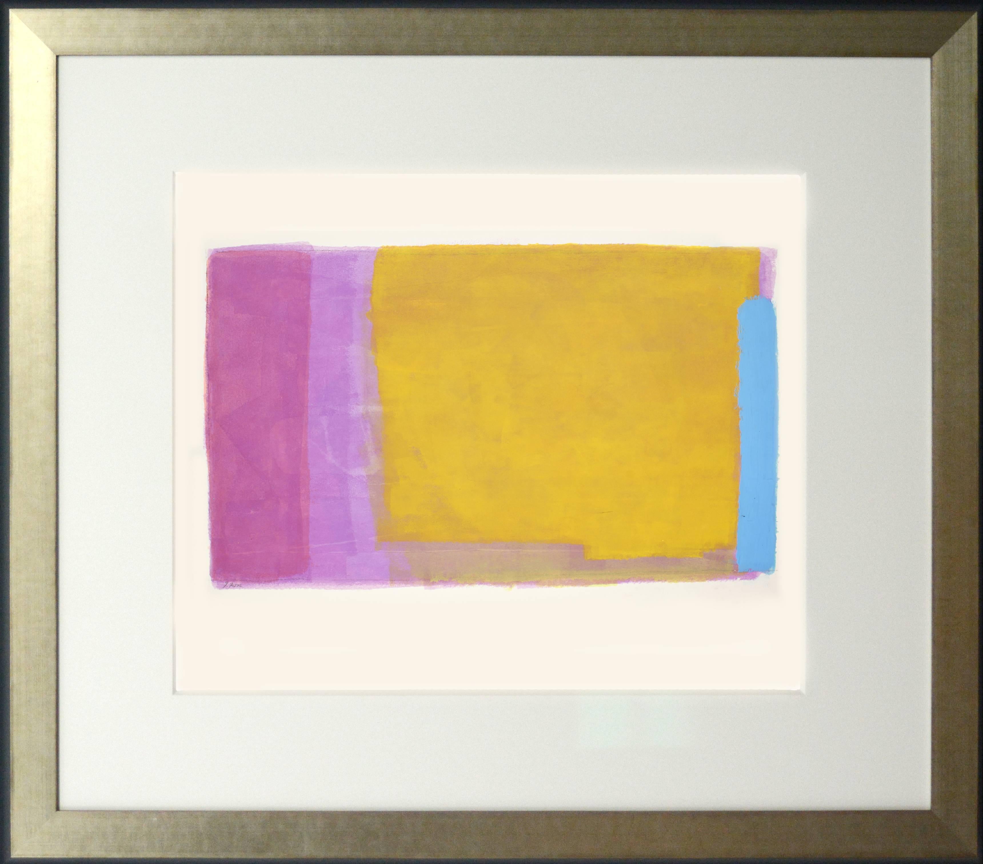 Layered gouache veils of brilliant pink, mauve, overlaid with a dominate swath of Tuscan yellow contained by a vertical tache of dense sky blue. This piece is representative of the important mid-career shift Fox made into non-figurative painting.