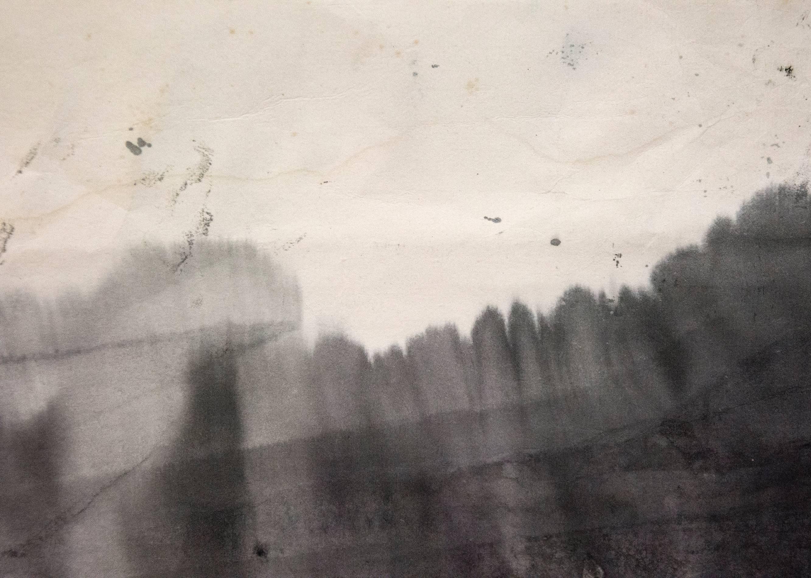 Landschaftsvibrationen – intime, abstrakte, kubistische, Mischtechniken auf Papier (Grau), Abstract Drawing, von Otto Rogers