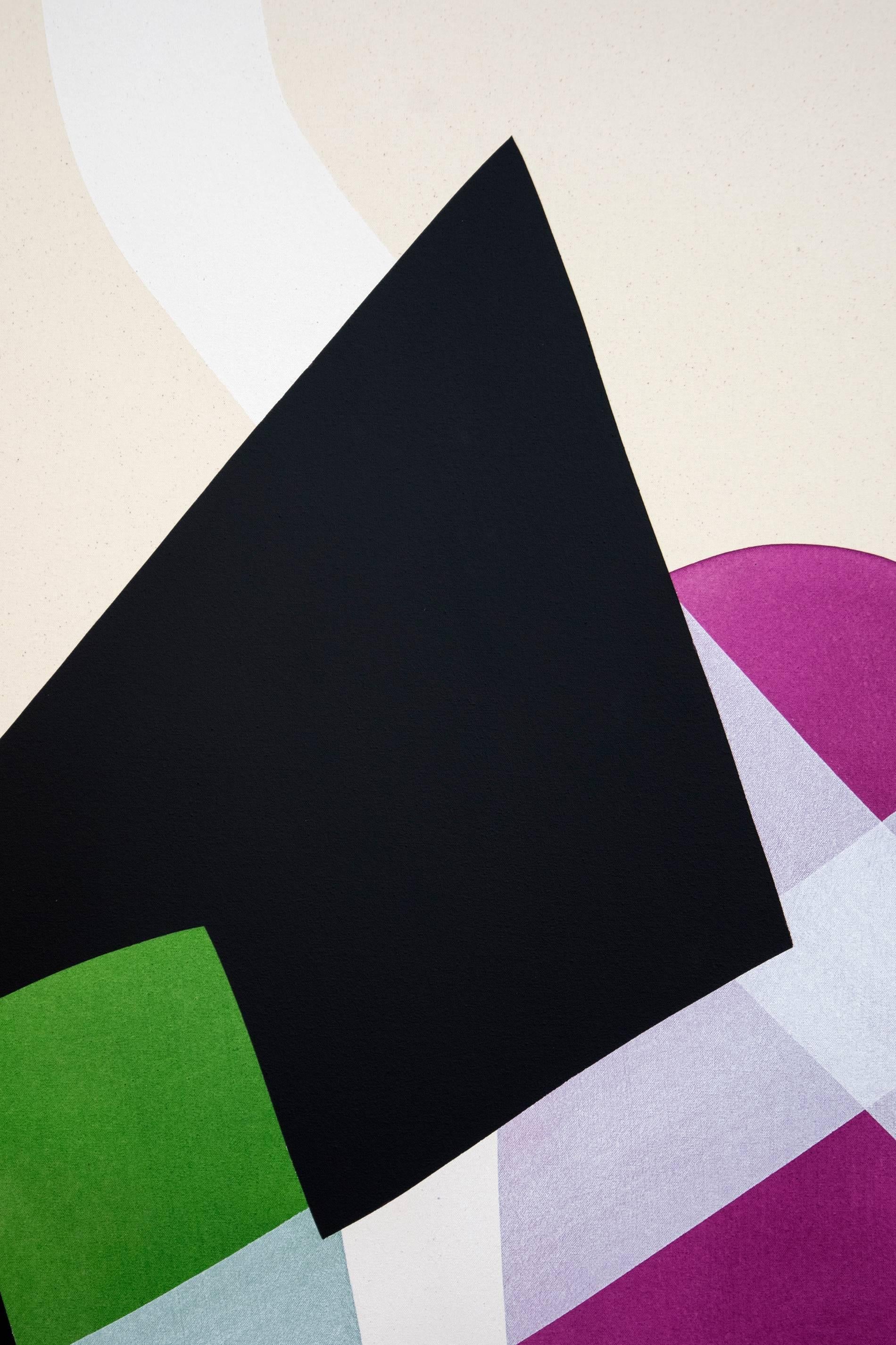 Dieses grafische und kühne Gemälde, das zwei Stühle auf einem Teppich zeigt, stammt von Aron Hill. Bekannt für seine minimalistischen Formen und den großzügigen Einsatz lebendiger Farben, zeigt dieses Werk flache, runde Formen in Grün, Violett,