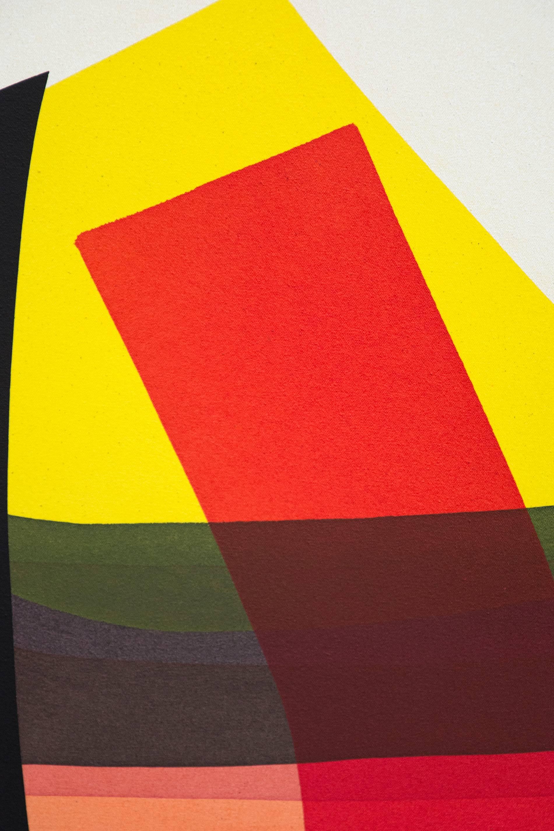 Ein auffälliger schwarzer Torbogen zieht den Betrachter in dieser abstrakten Komposition von Aron Hill in eine Welt voller lebendiger Farben. Reine Acryltuschen in Rot, Blassorange, Grün, Hellgelb, Blassgrün und Grau überschneiden sich mit klarem