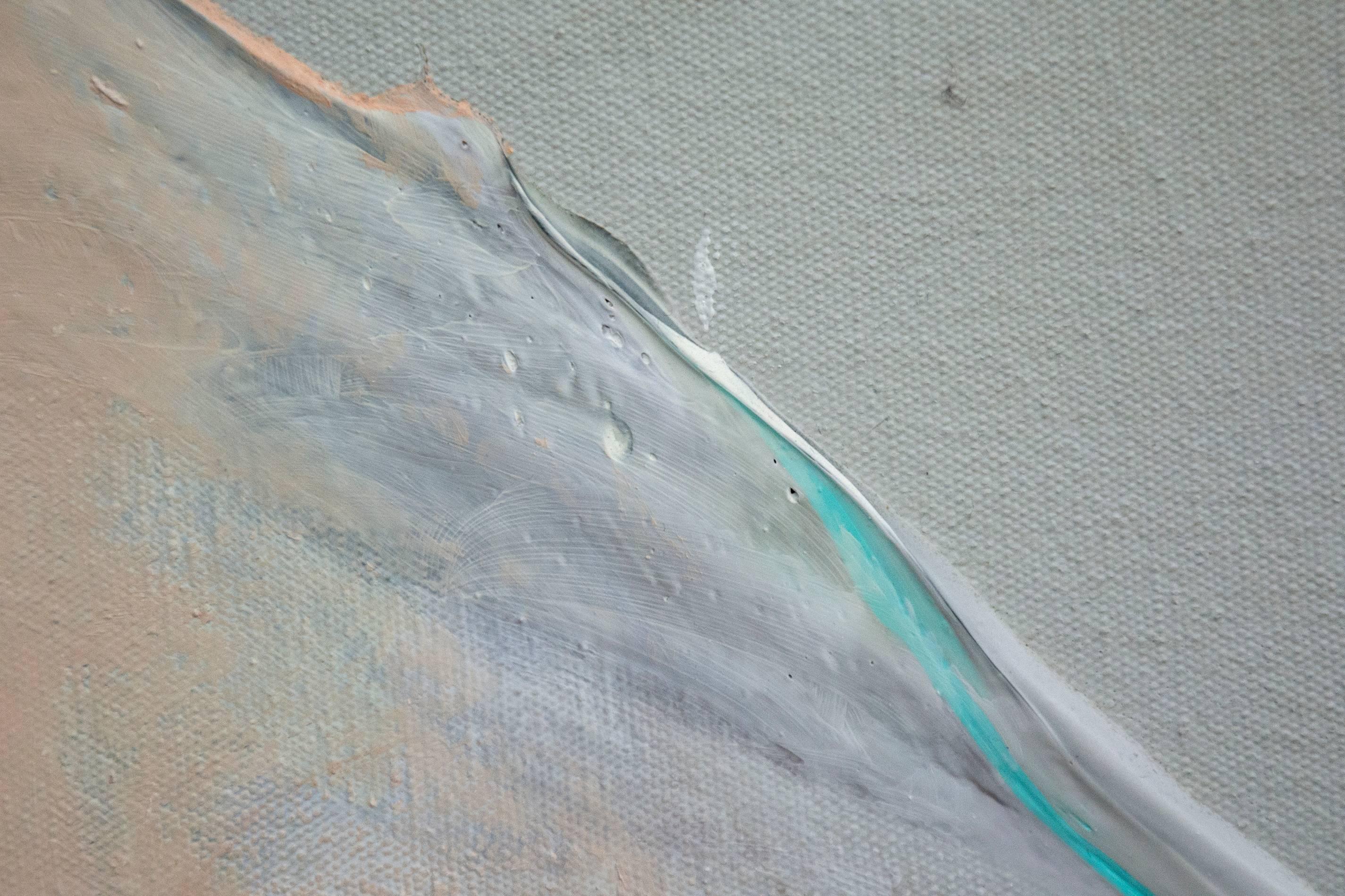Pastel colors of luminous mauve and yellow acrylic are drawn, fan like, into a circular swath that fills the picture plane. This area is anchored at a lower center point by passages of coral, mauve, grey and brown. The title of the work may derive