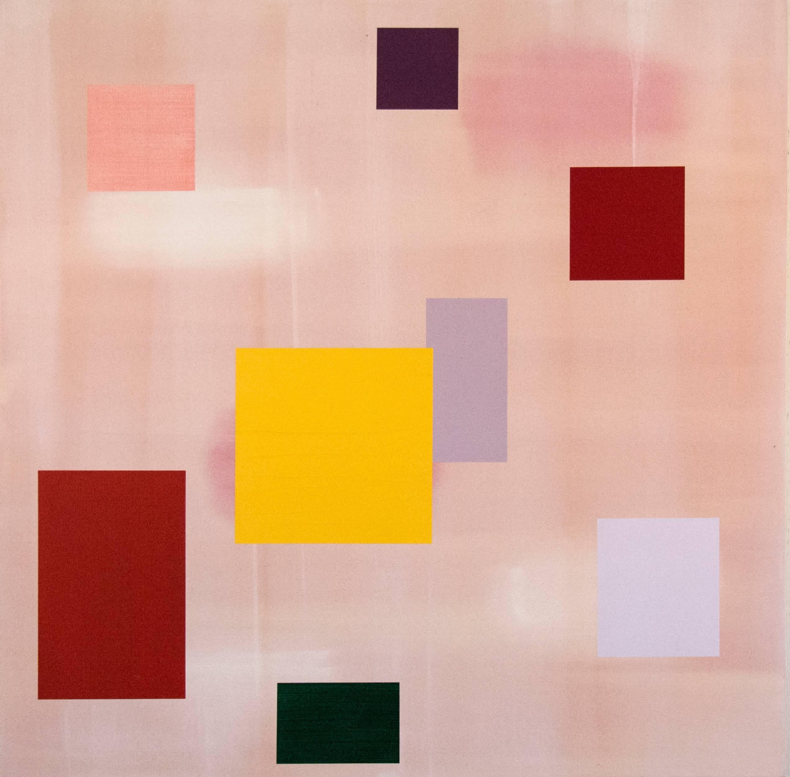 Milly Ristvedt Abstract Painting - Float - elegant soft pink with yellow and maroon floating squares