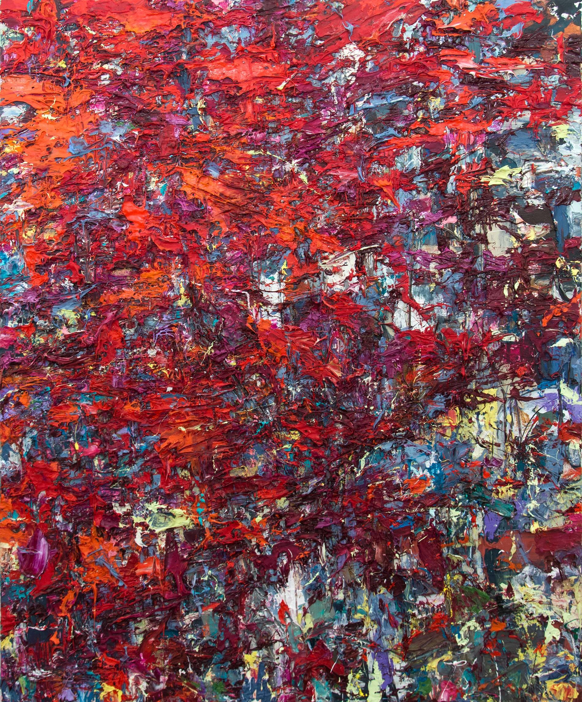 Fire Storm - bold, red-orange, impasto, abstract expressionist acrylic on canvas - Painting by Adam Cohen