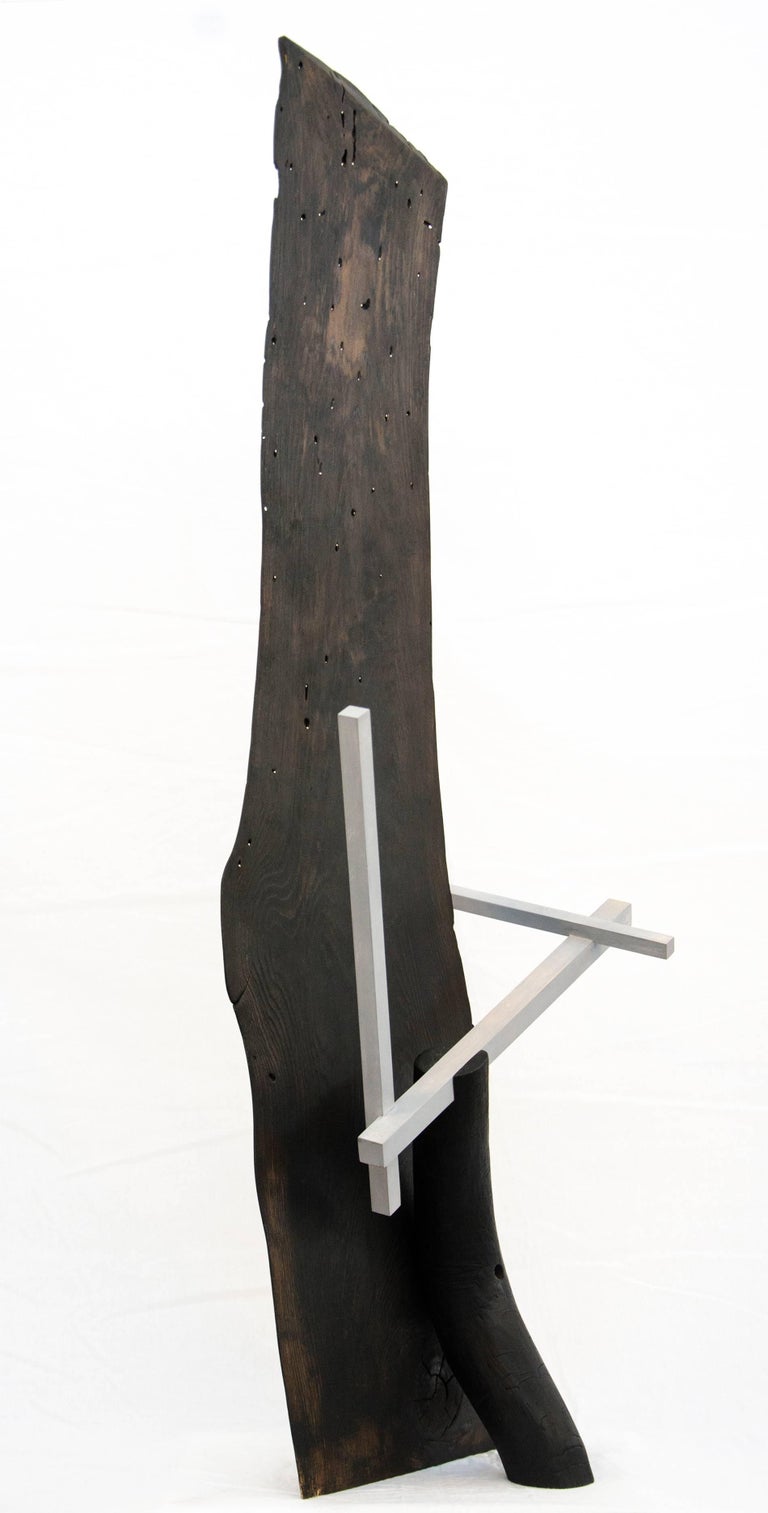 Edward Falkenberg Abstract Sculpture - Signal (talking at a distance) - dynamic, dark, modern, abstract, wood sculpture