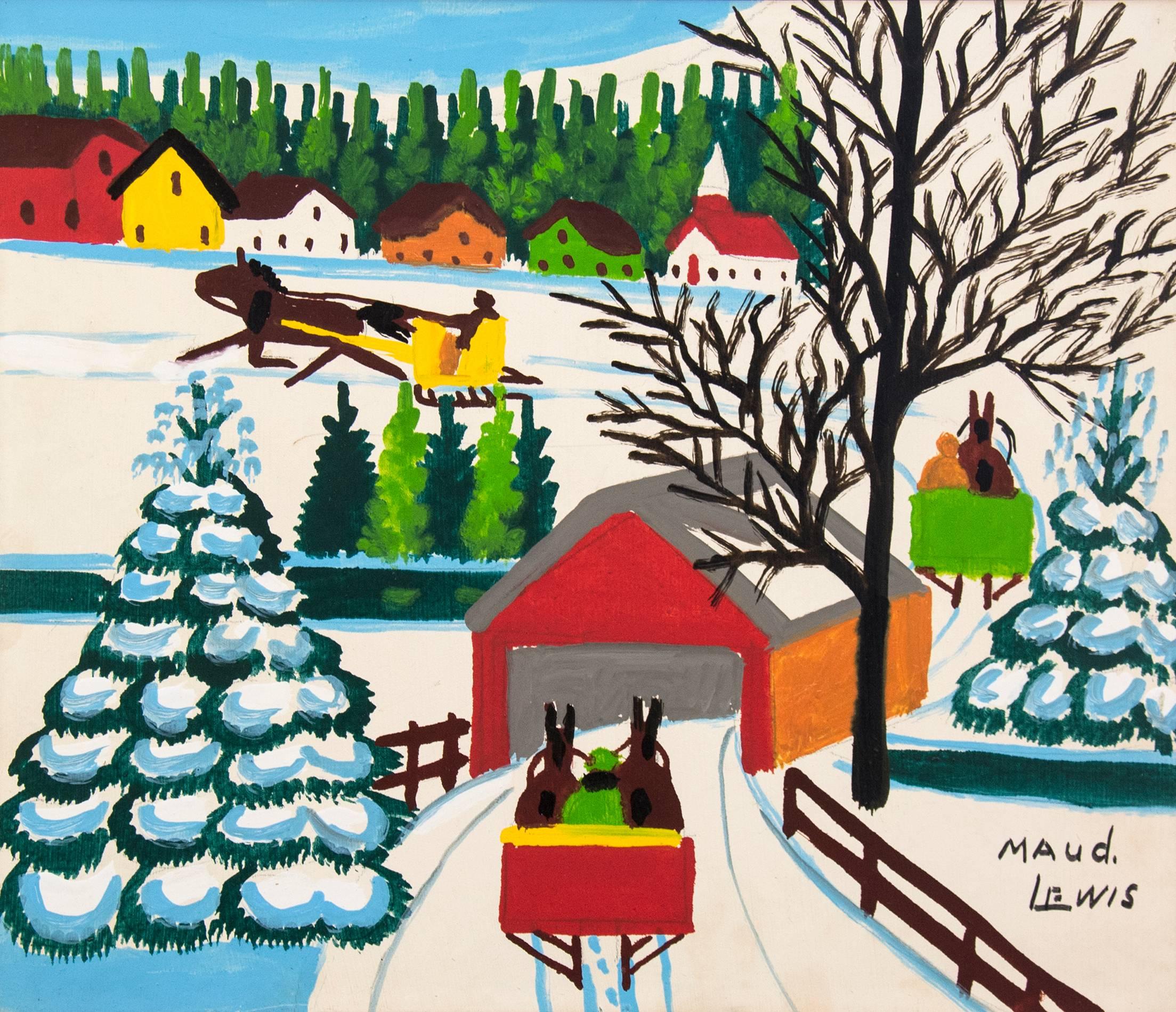 Maud Lewis Landscape Painting - Covered Bridge In Winter