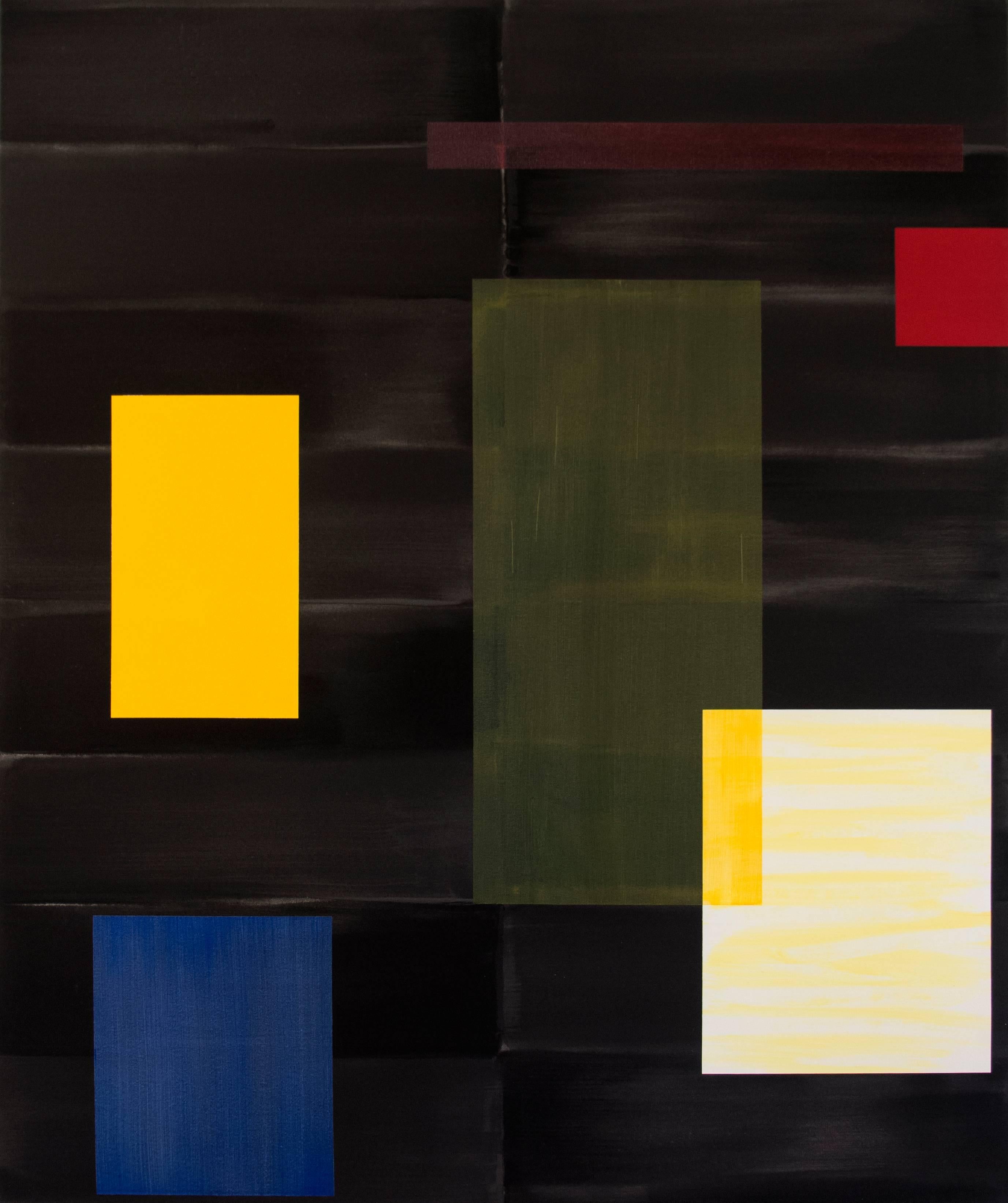 Milly Ristvedt Abstract Painting - Black - large, yellow, green, blue, geometric abstraction, acrylic on canvas