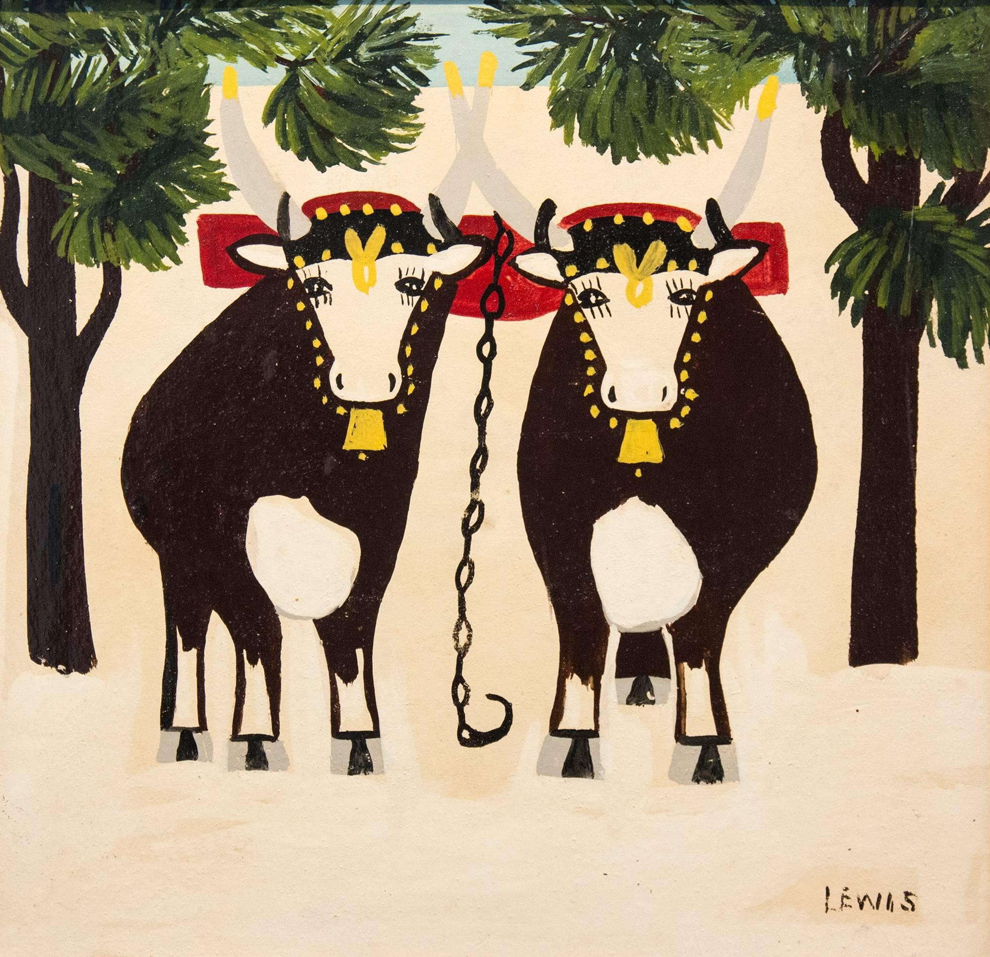 Maud Lewis Animal Painting - Two Oxen in Winter