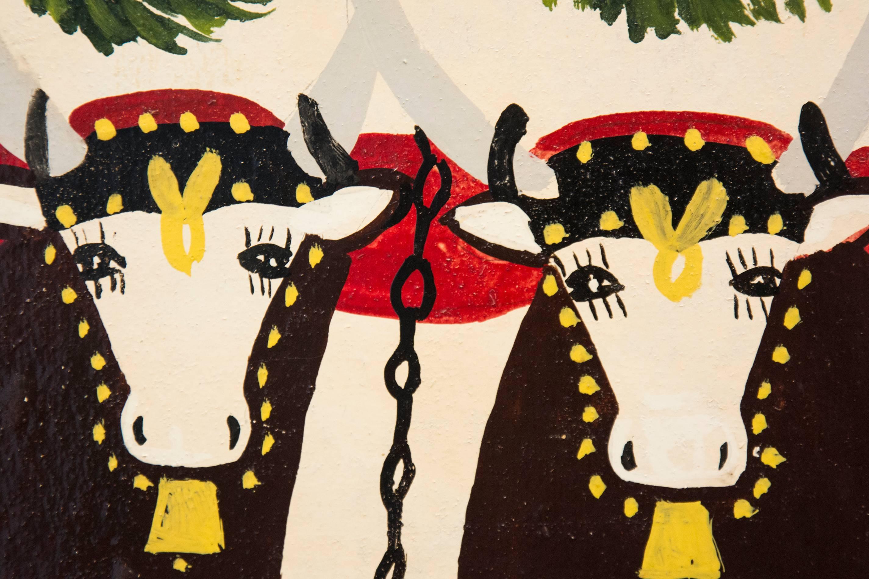 Two Oxen in Winter - Beige Animal Painting by Maud Lewis
