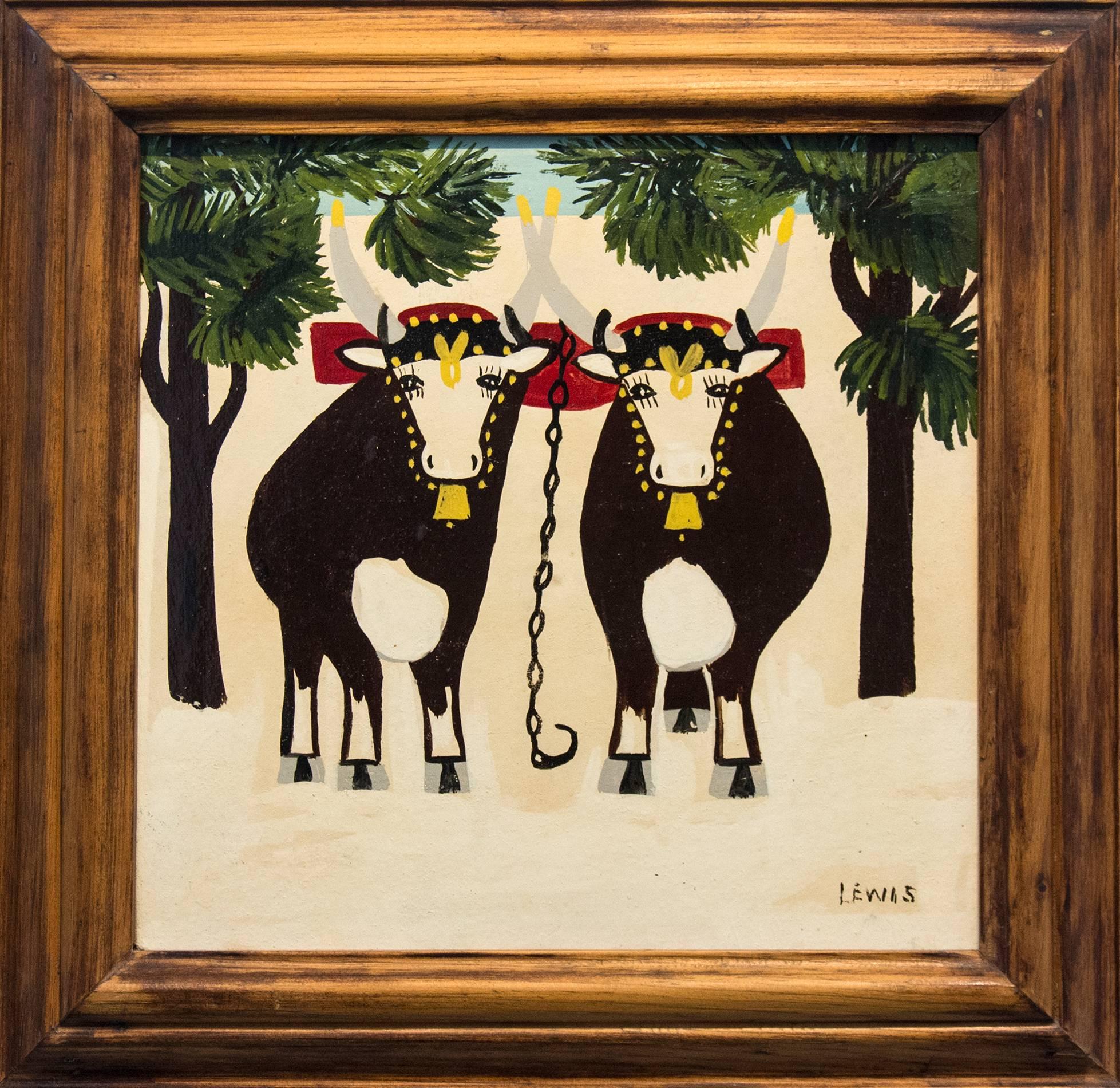 Two Oxen in Winter - Painting by Maud Lewis
