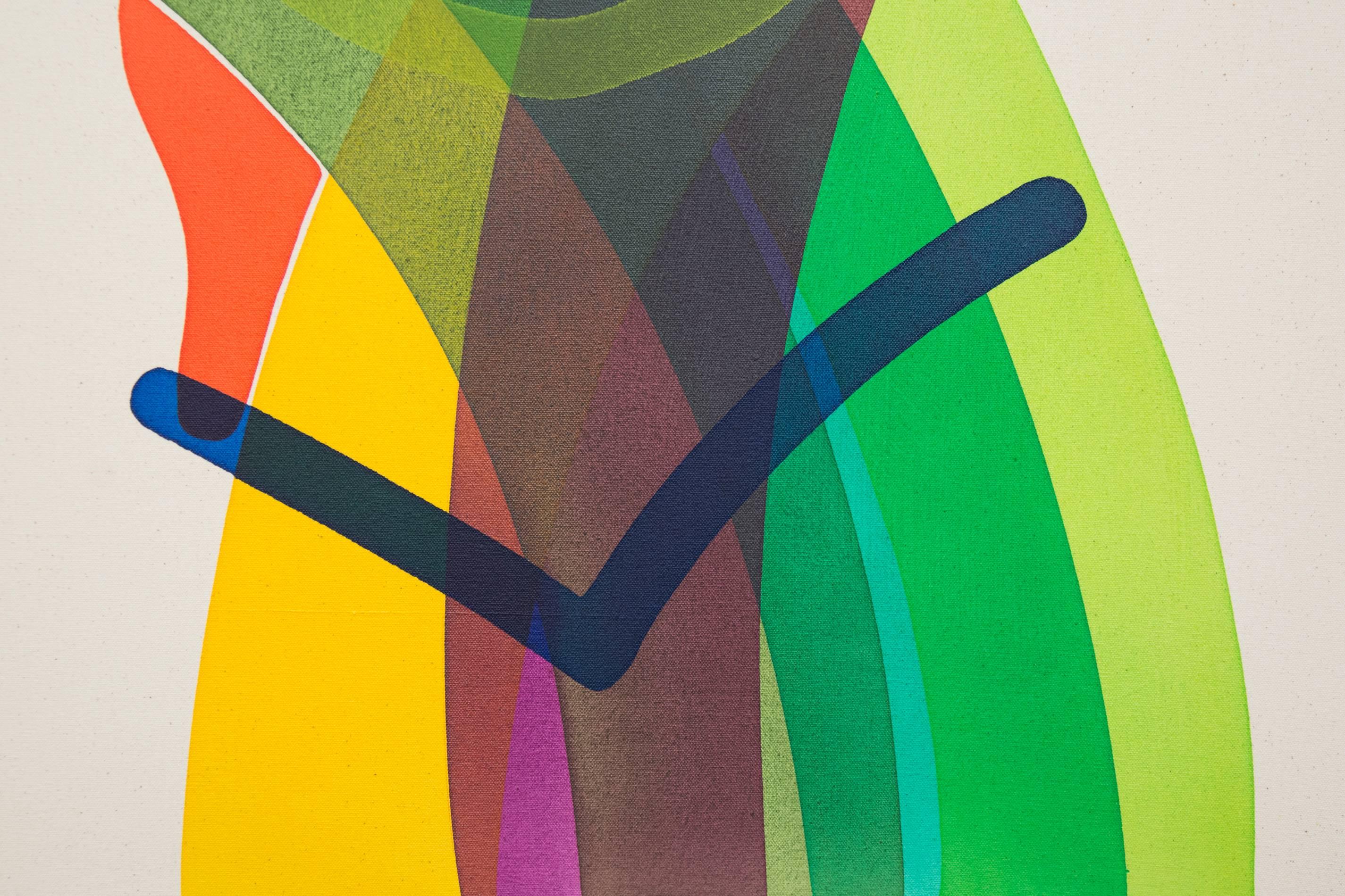 Kopf mit blauer Linie Nr. 3 – farbenfrohe, sich kreuzende abstrakte Formen auf Leinwand (Zeitgenössisch), Painting, von Aron Hill