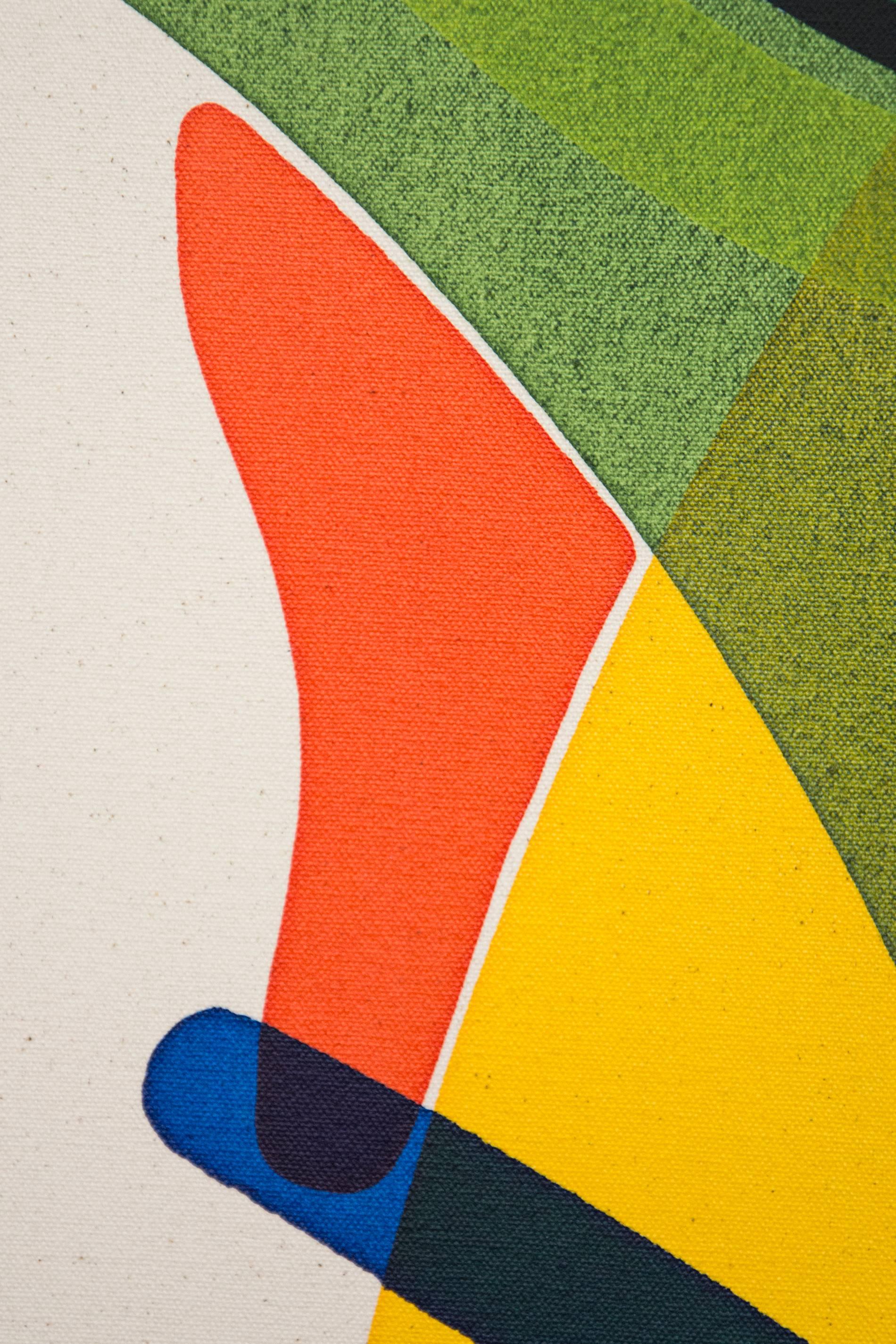 Dieses fesselnde figurative Werk in kühnen abstrakten Formen und leuchtenden Farben wurde von Aron Hill gemalt. Die Künstlerin aus Calgary verwendet Bögen aus reinen Farben - Lila, Lindgrün, Türkis und Waldgrün -, die sich mit einer kopfähnlichen,