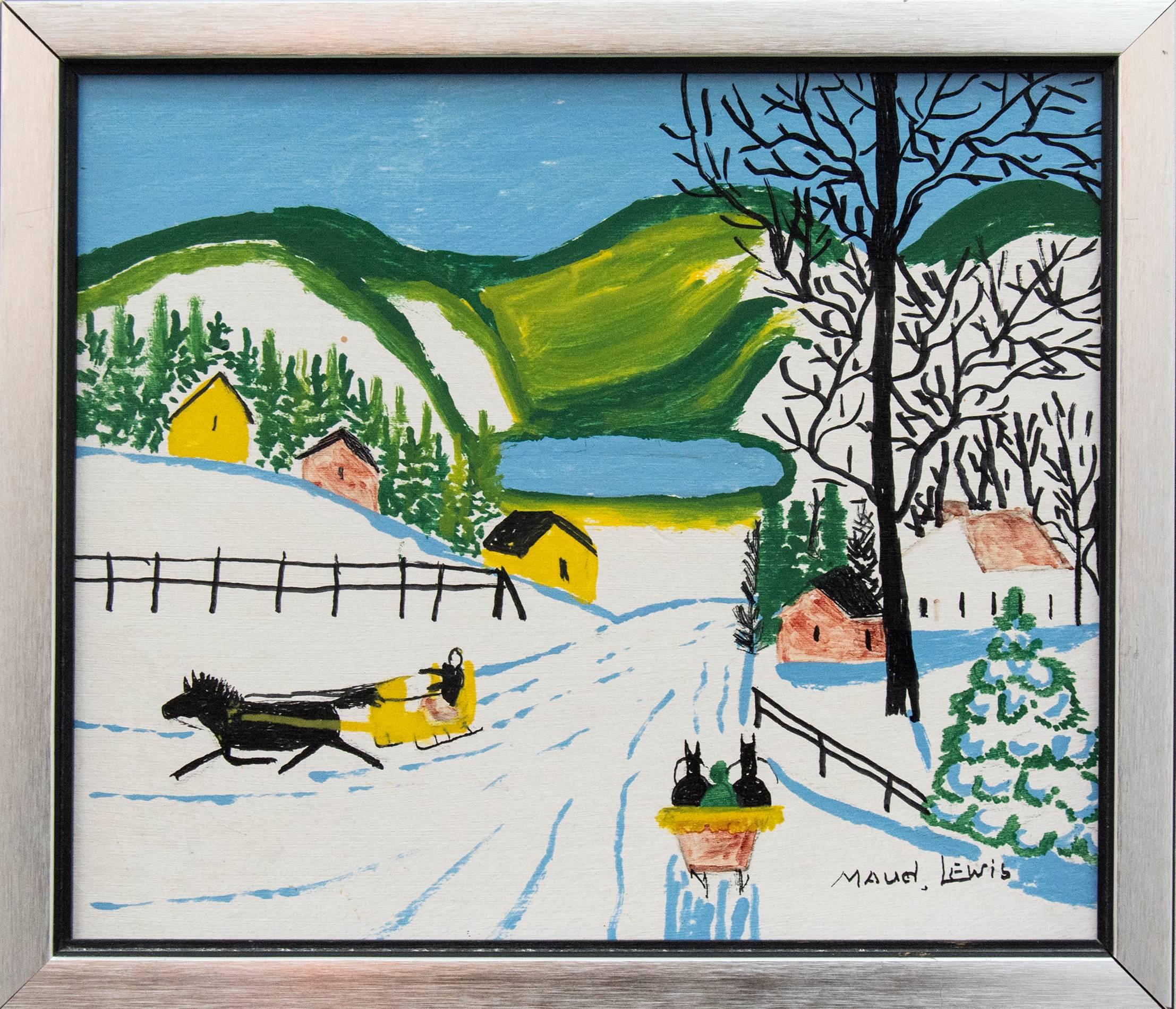 Sleighs in Winter - Contemporary Painting by Maud Lewis