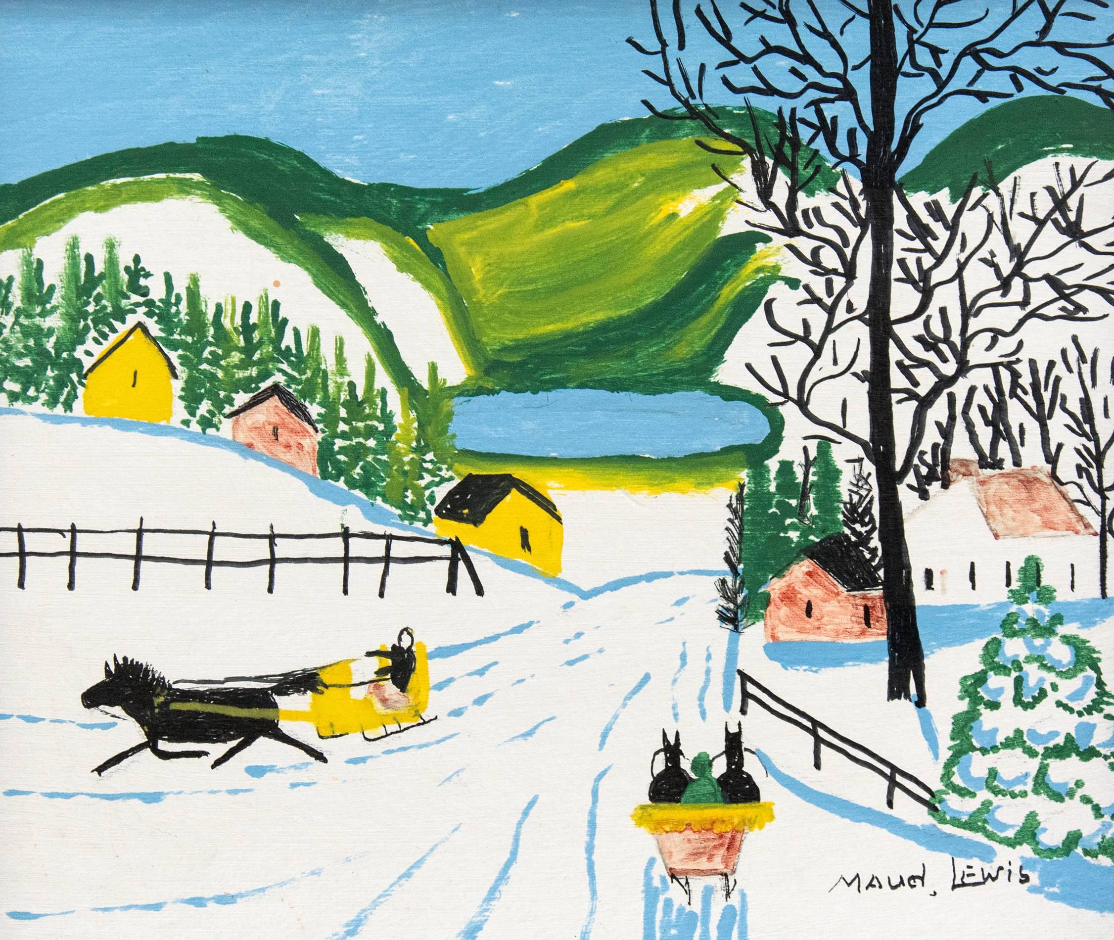 Maud Lewis Landscape Painting - Sleighs in Winter