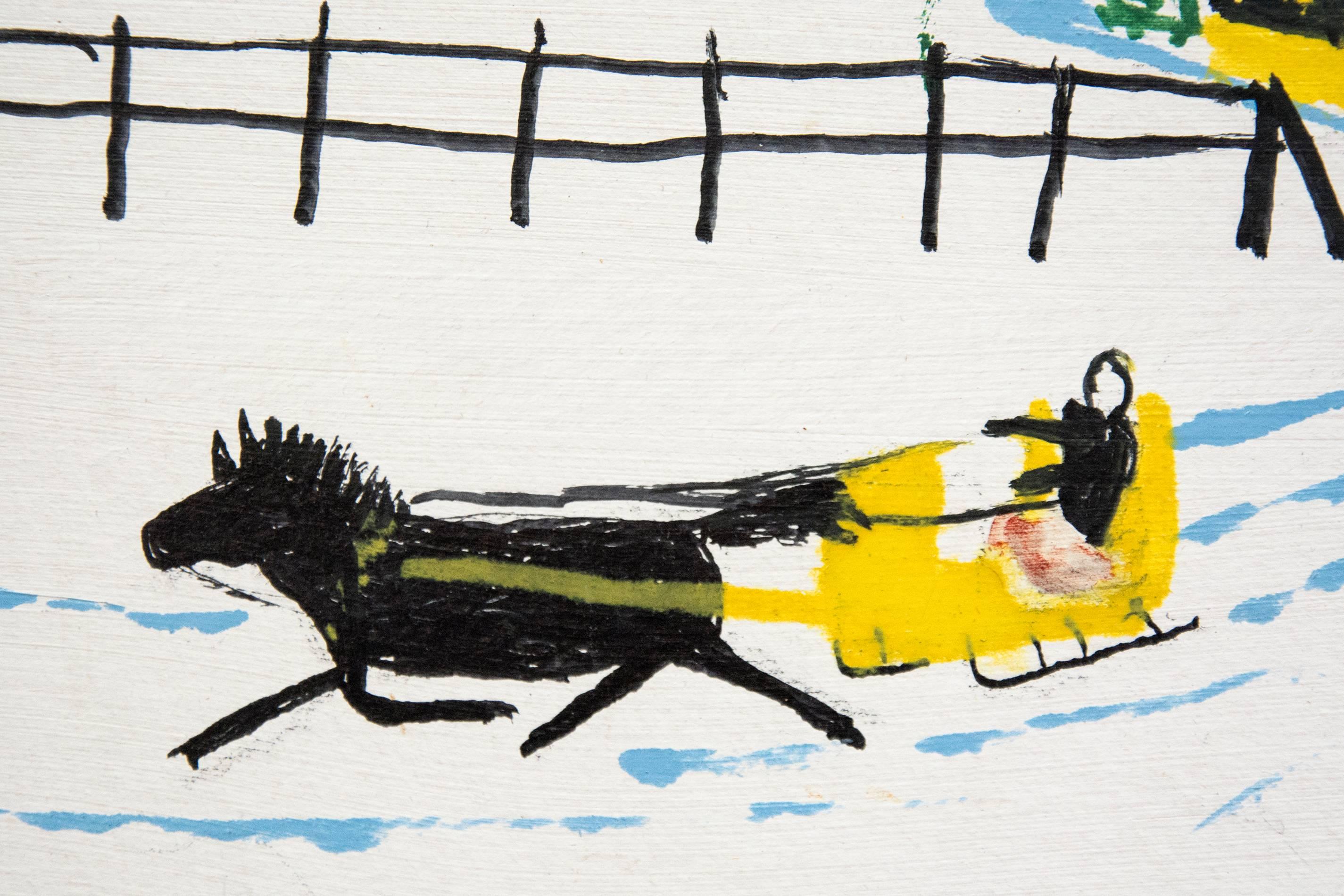Sleighs in Winter - Gray Landscape Painting by Maud Lewis