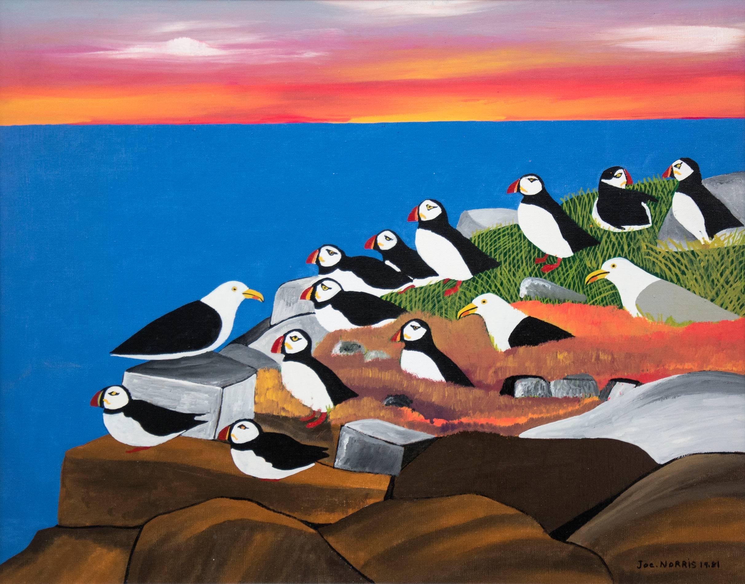 Joe Norris Landscape Painting - Gulls and Puffins