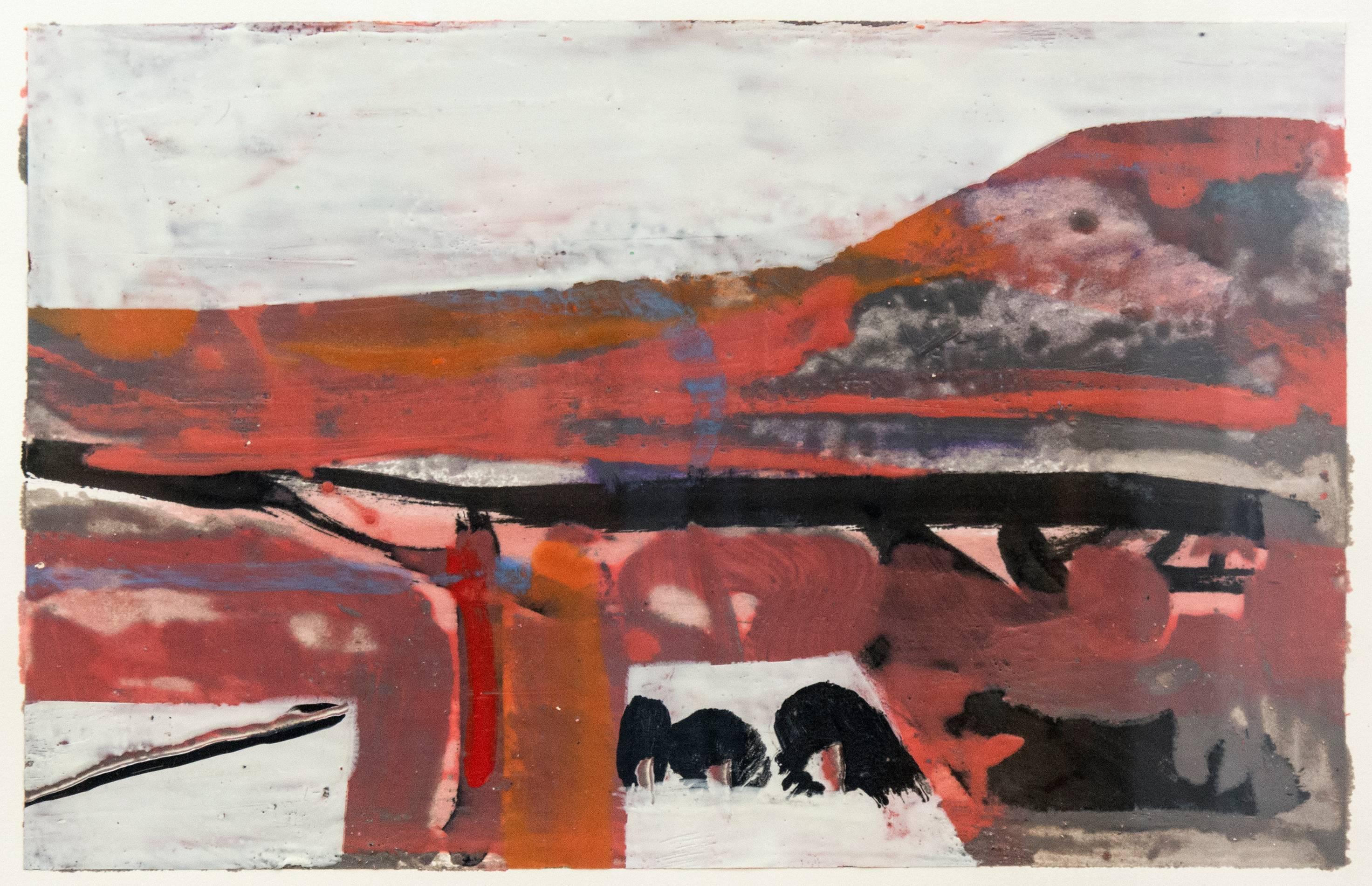 Simon Andrew Landscape Painting - Carn - abstract landscape with pale red, orange, mauve and black
