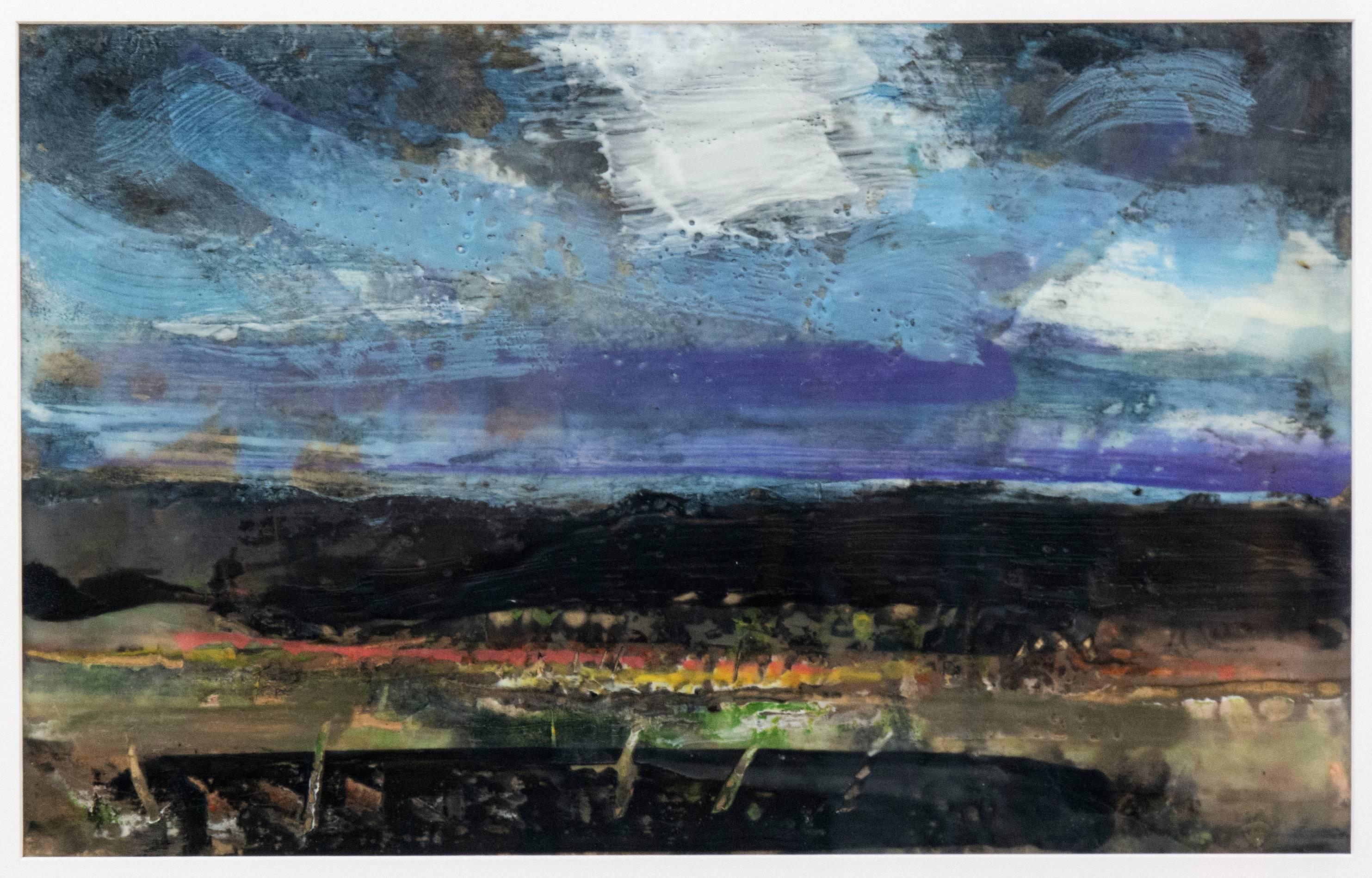 Simon Andrew Landscape Painting - Evening Storm - encaustic landscape with a white, twilight blue and violet sky