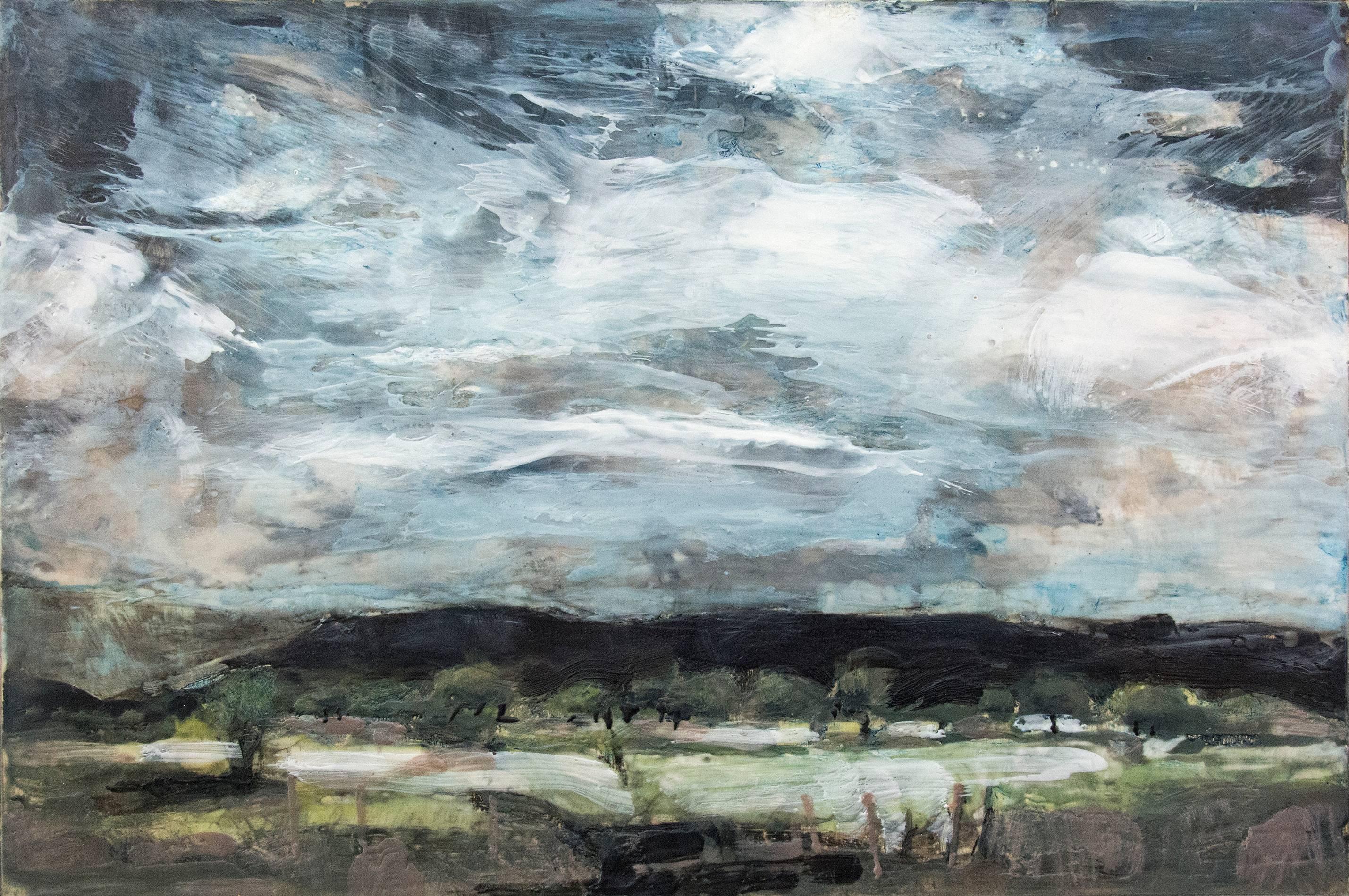 Simon Andrew Landscape Painting - Orchards at Dusk - emotive encaustic on panel with pale green, blue and charcoal