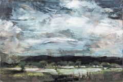 Orchards at Dusk - emotive encaustic on panel with pale green, blue and charcoal