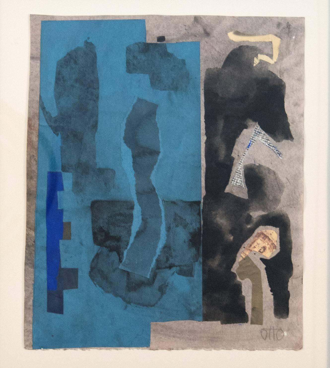 Blaue Symphony – intime, abstrakte, kubistische Acrylcollage auf Papier – Painting von Otto Rogers