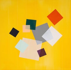 Gelbes Gitterspiel – orange, grau, grün, geometrisch abstrakt, Acryl auf Leinwand