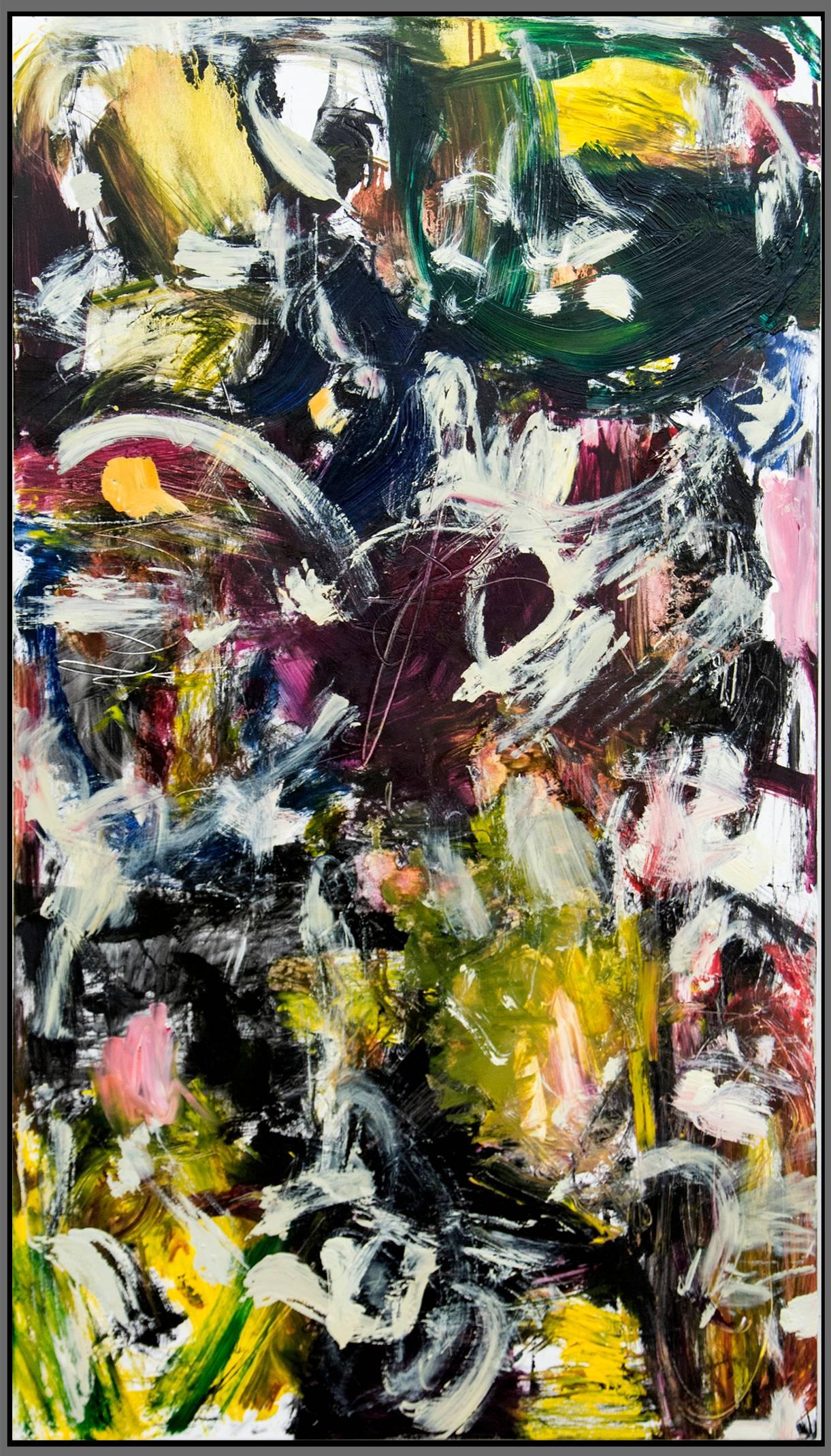 Scott Pattinson Abstract Painting - Kairoi No 38 - Tall, black, yellow, white, gestural abstract, oil on canvas