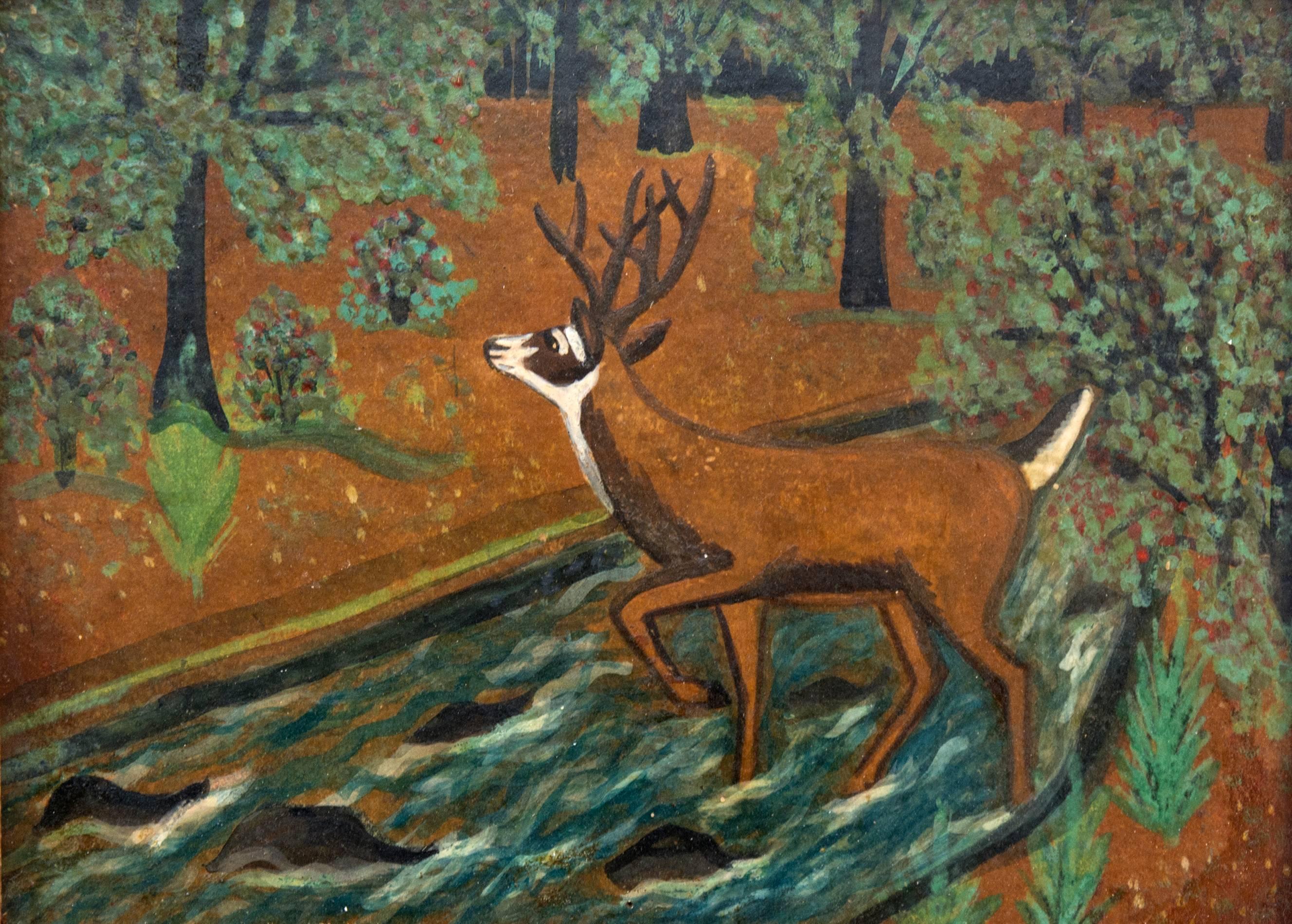 Maud Lewis Landscape Painting - Deer in Landscape