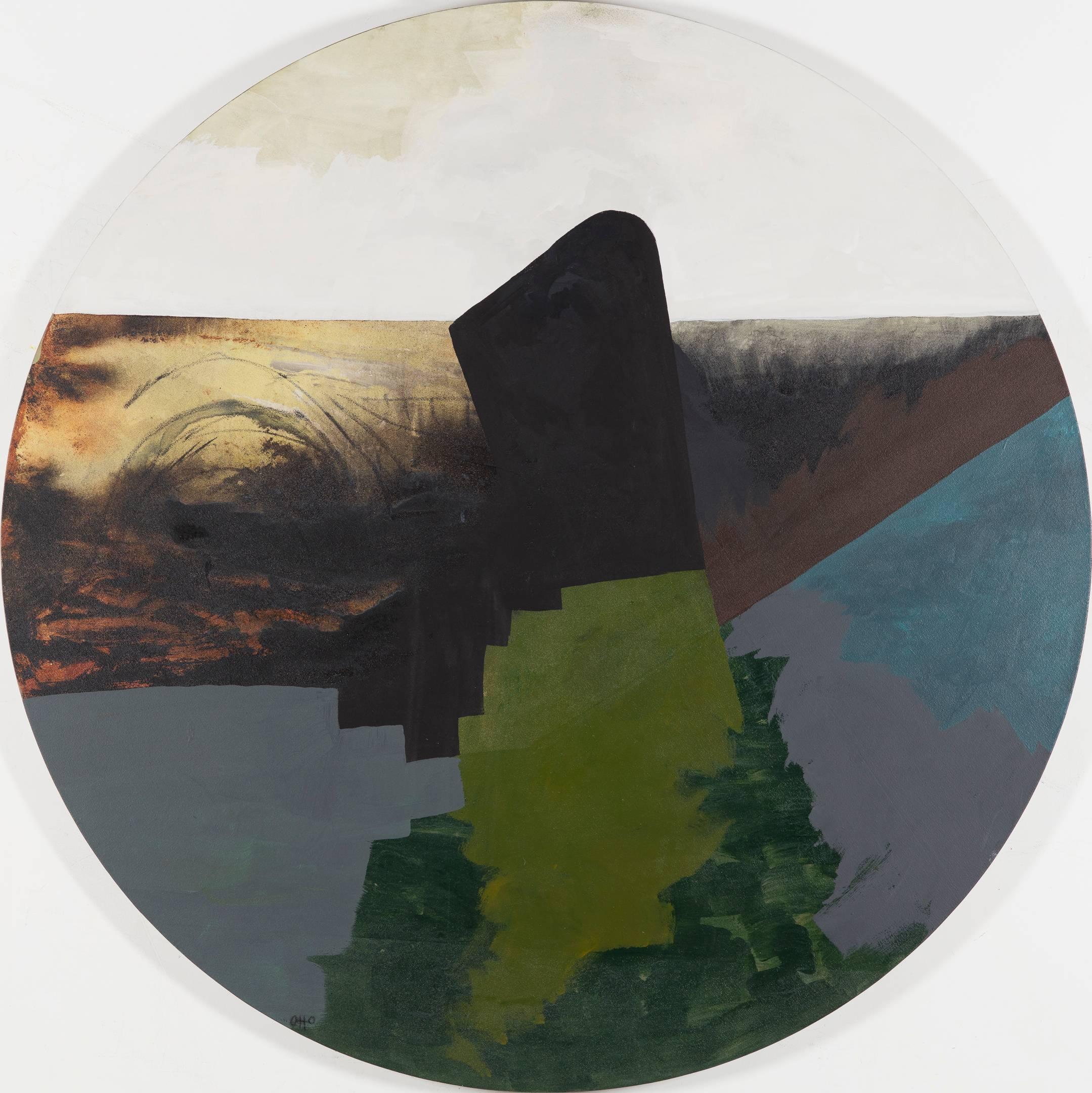 Landscape Painting Otto Rogers - Grand coucher de soleil et tempête qui passe - intimité, abstrait, tondo, acrylique sur toile