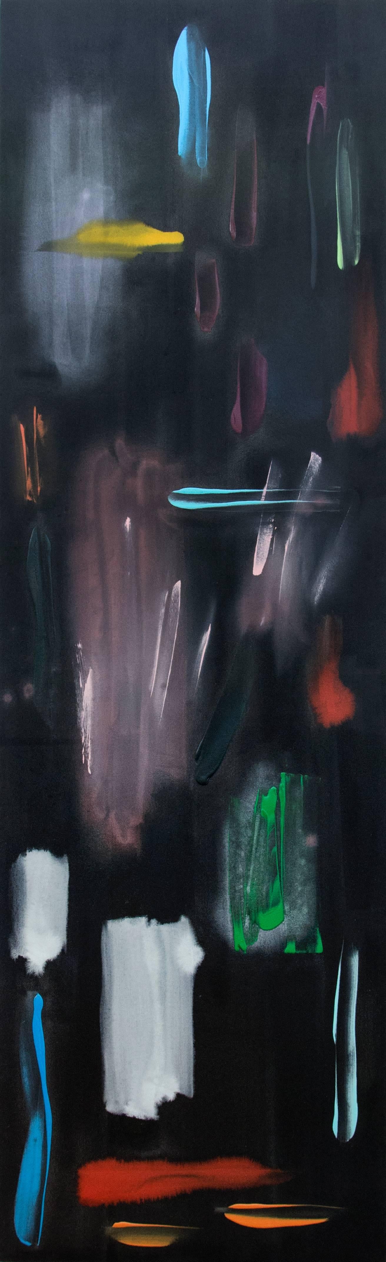 Ambient - tall, narrow, dark, bold strokes of colour, abstract acrylic on canvas