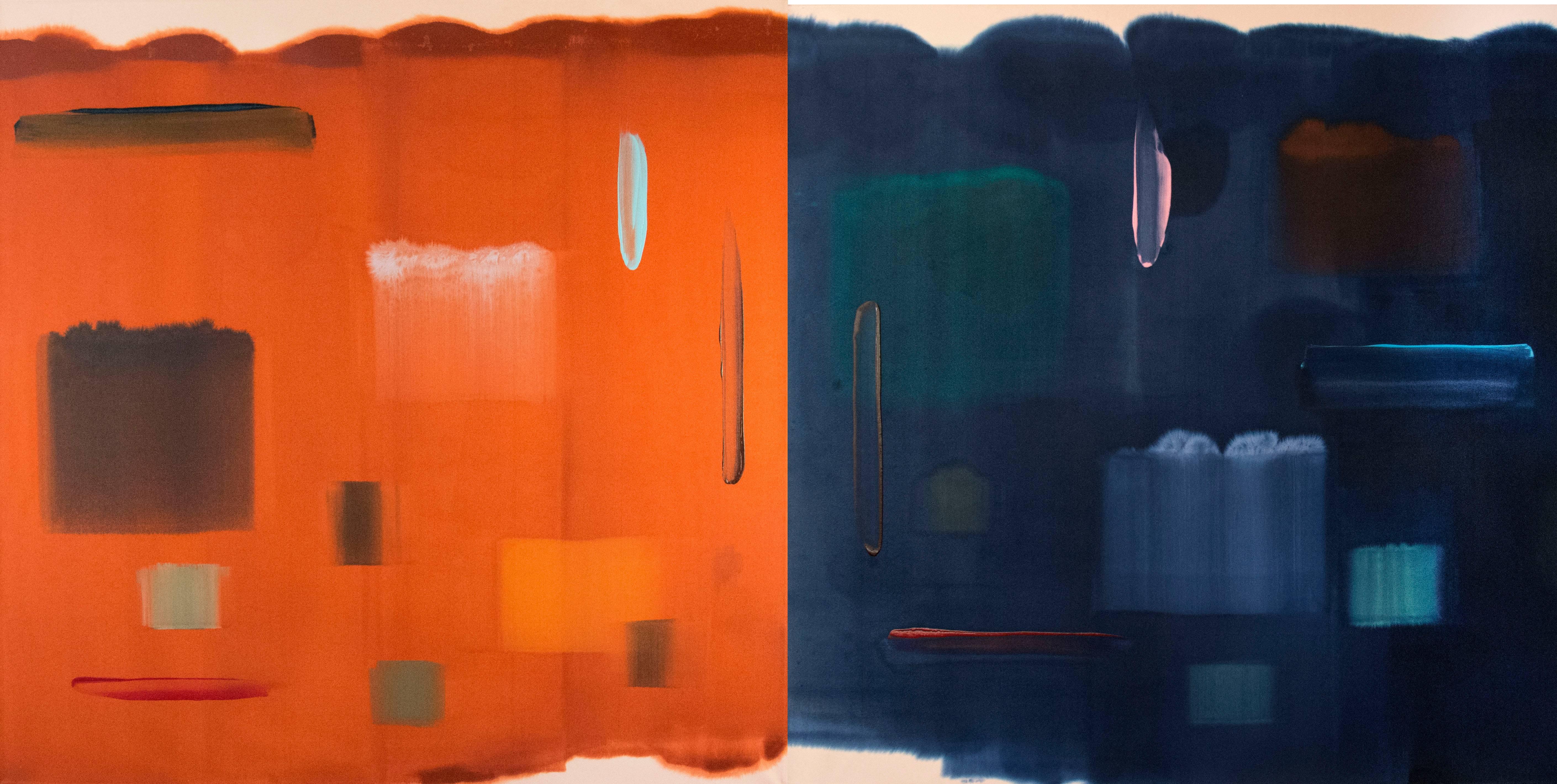 Real and Imagined - large, orange, blue, gestural abstraction, acrylic on canvas - Painting by Milly Ristvedt