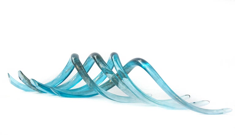 John Paul Robinson Abstract Sculpture - Blue - flowing, glass, translucent, blue, waves, intersecting tabletop sculpture