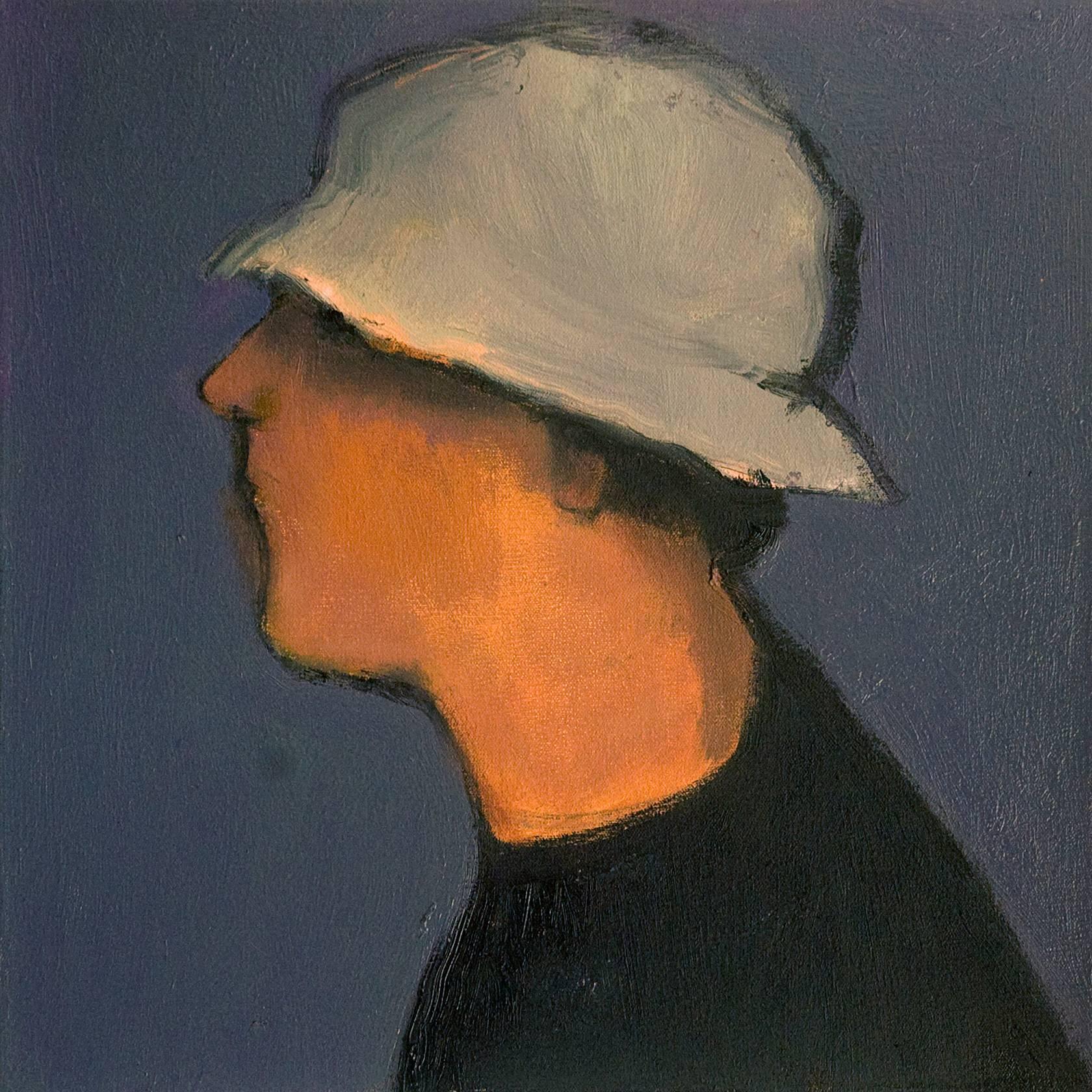 Man with Hat - small blue, white, male portrait figurative still life oil - Painting by Jennifer Hornyak