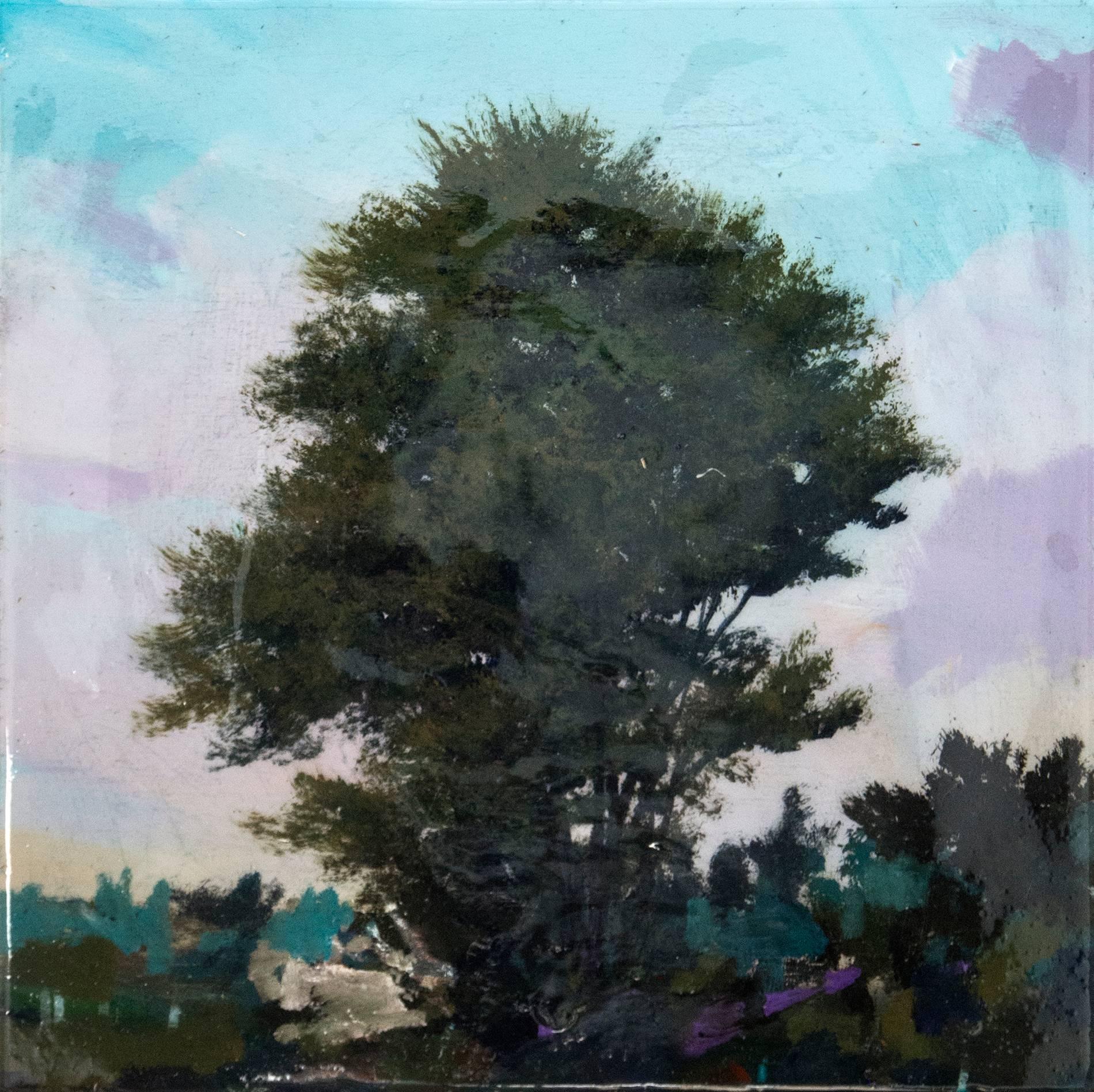 Tree with Violet Skies - Landschaft, zeitgenössisch, Acryl, Harz auf Platte