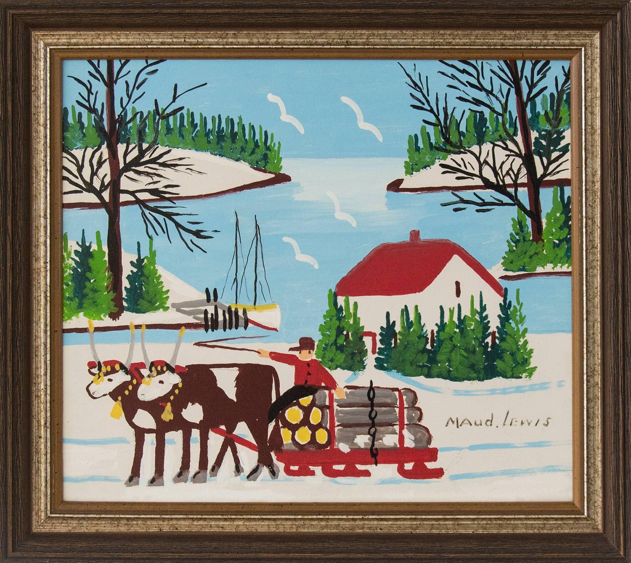 Oxen Hauling Logs - Painting by Maud Lewis