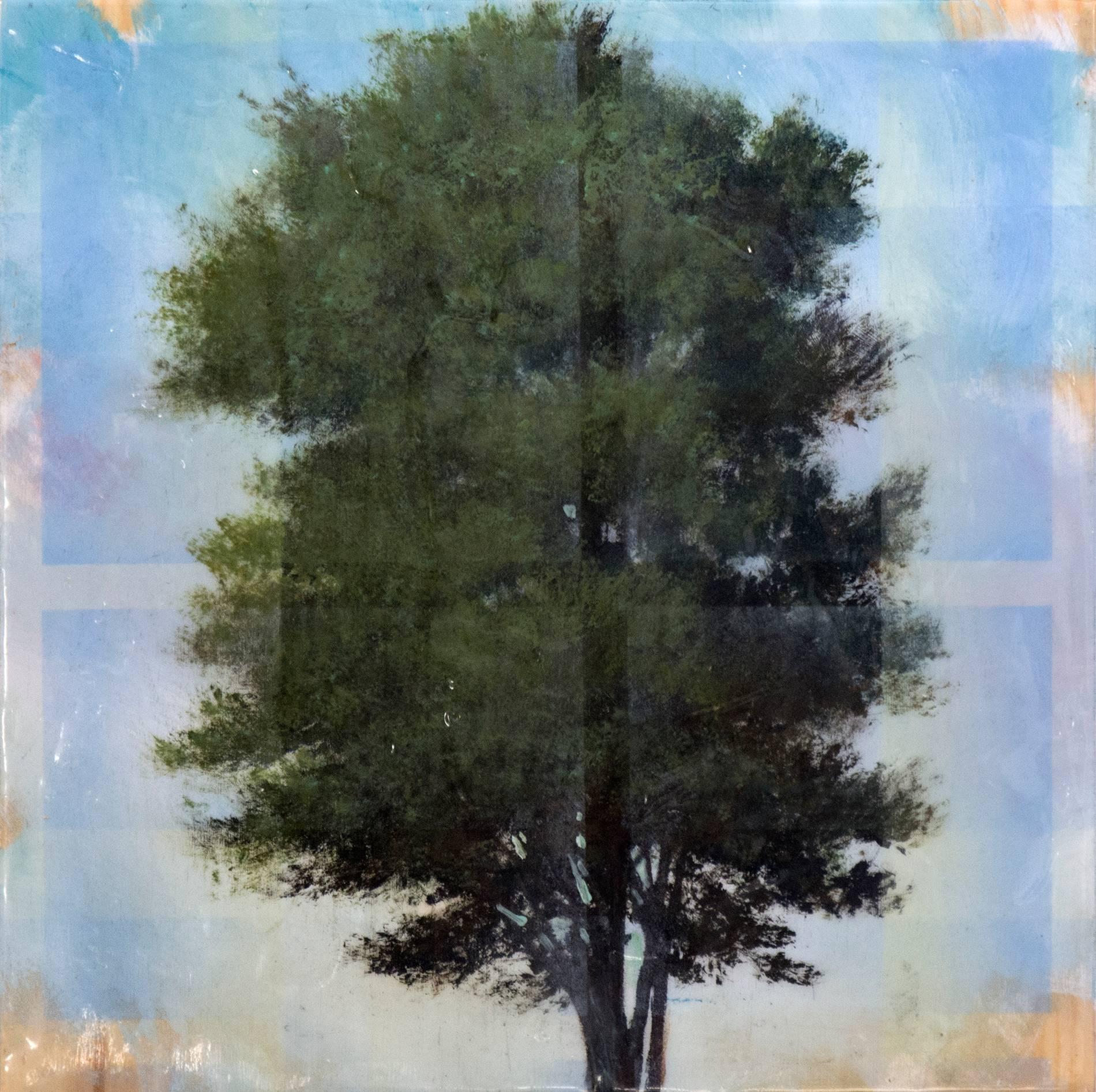 Peter Hoffer Landscape Painting - Tree Through Window Pane - blue, green, landscape, acrylic, resin on board