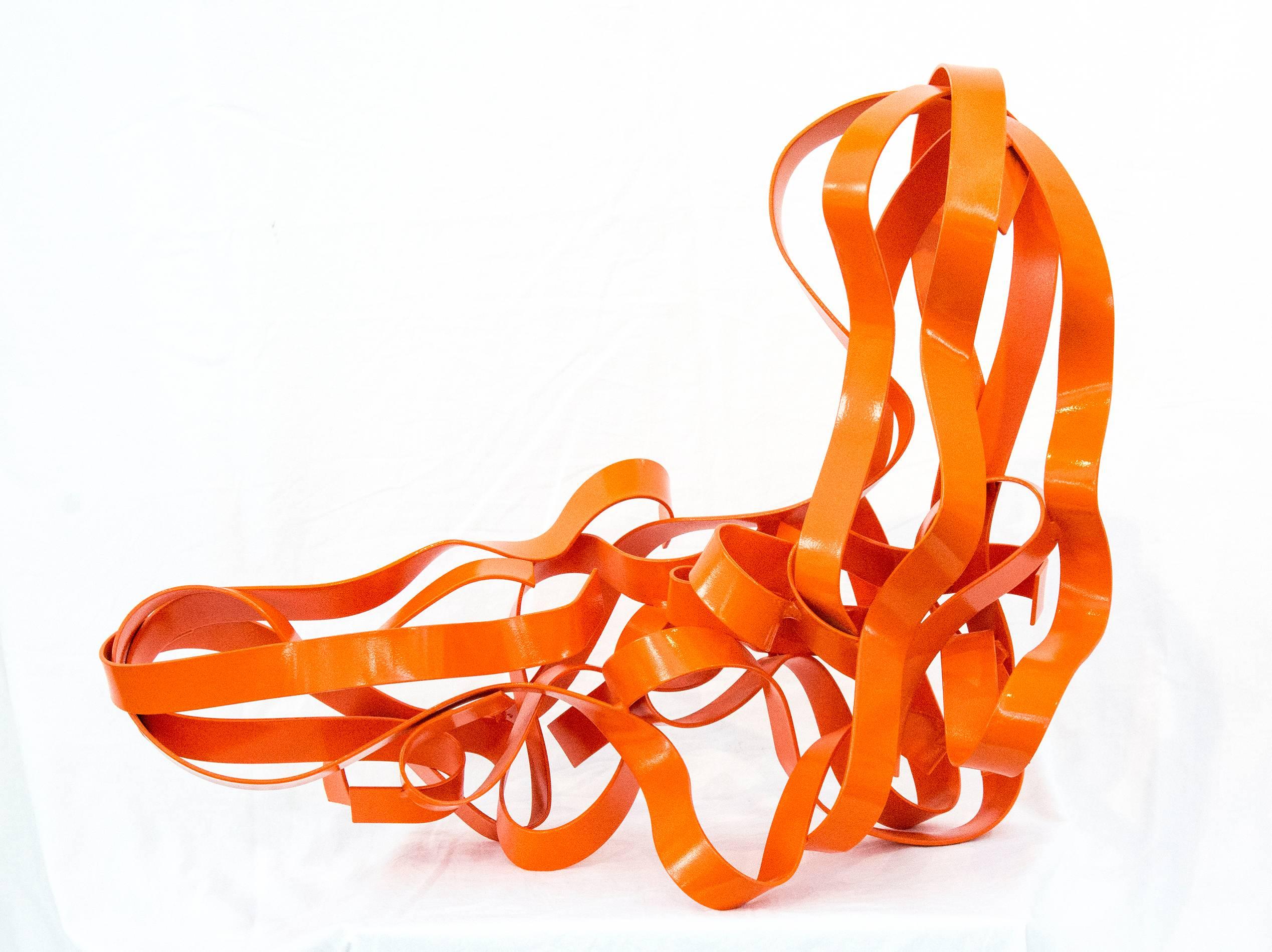 Reclining Figure Orange - playful, glossy, painted, ribbon, steel, sculpture - Gray Abstract Sculpture by Mark Birksted