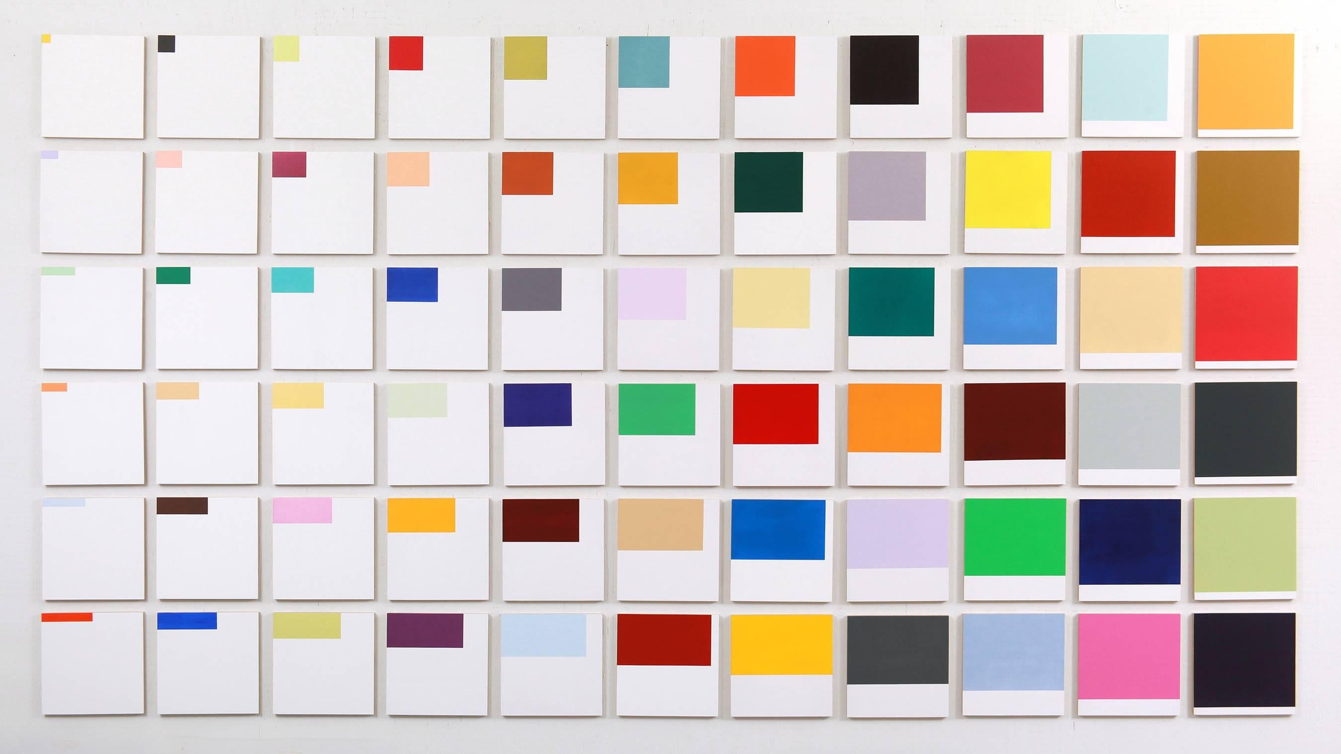 Milly Ristvedt Abstract Painting – Erwähnungen – farbenfrohe, großformatige Anordnung, kleine Quadrate, Acryl auf Tafeln
