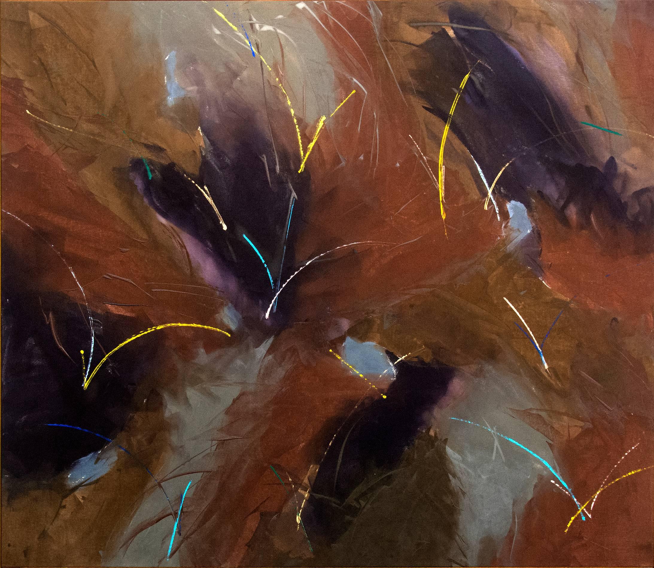 Unten - groß, lila, ocker, gelb, gestisch abstrakt, Acryl auf Leinwand – Painting von Milly Ristvedt