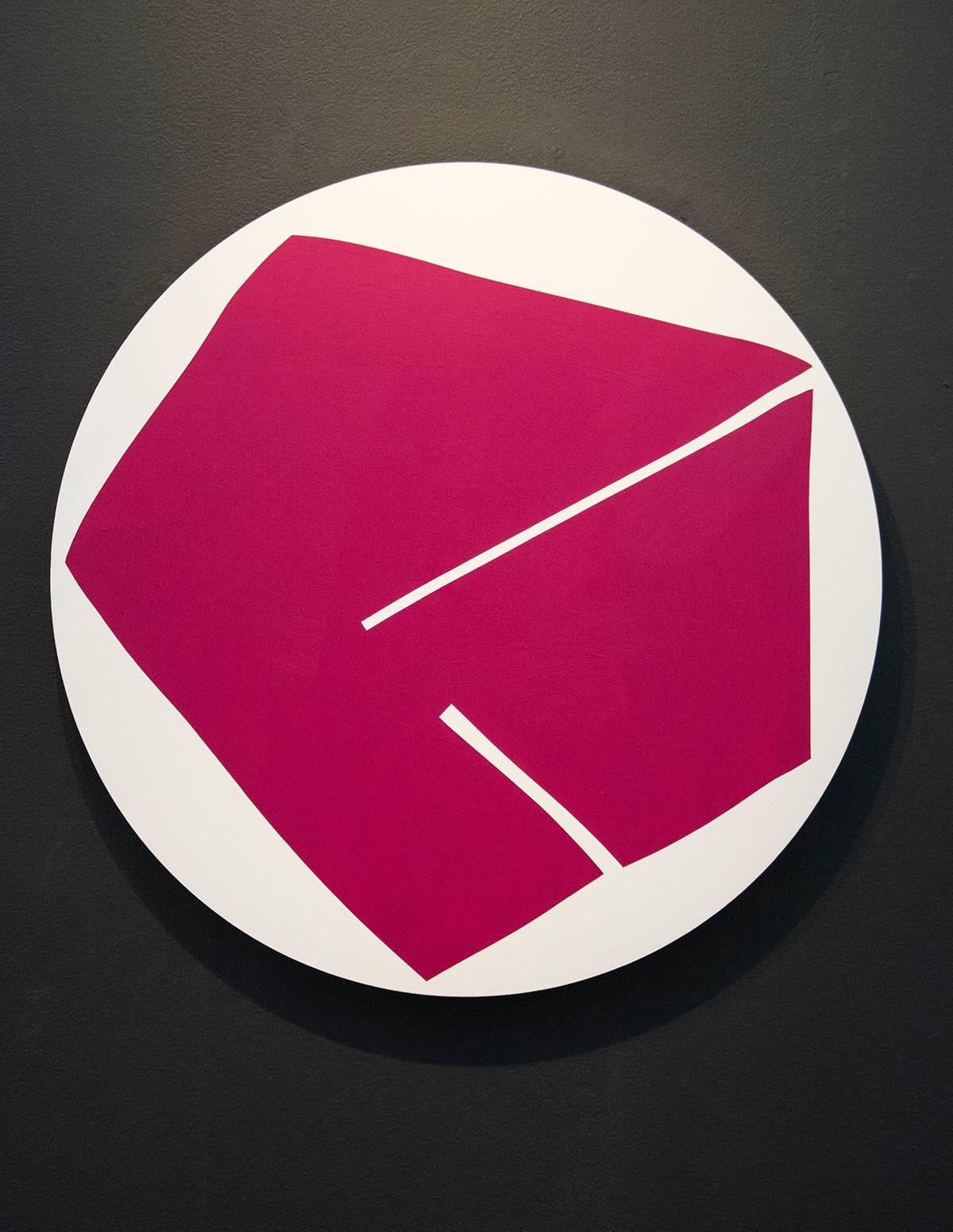 Round Magenta with Two Lines - colourful, gold leaf edge, acrylic tondo on panel