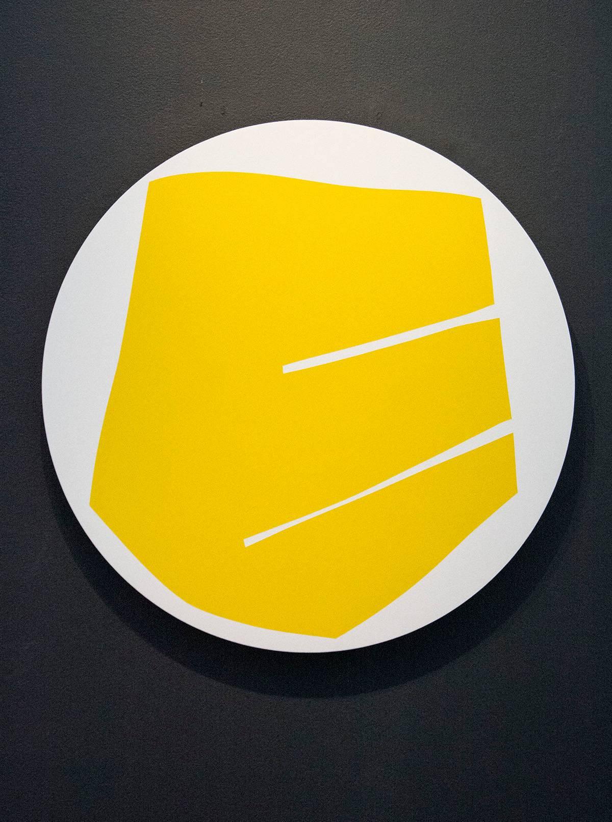 Round Yellow With 2 Lines - colourful, gold leaf edge, tondo acrylic on panel