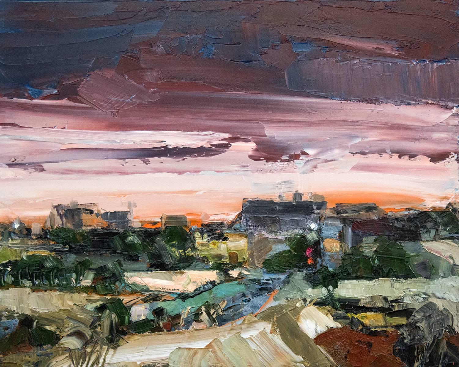 Simon Andrew Landscape Painting - Early Shift - gestural, impasto landscape with fiery orange skyline