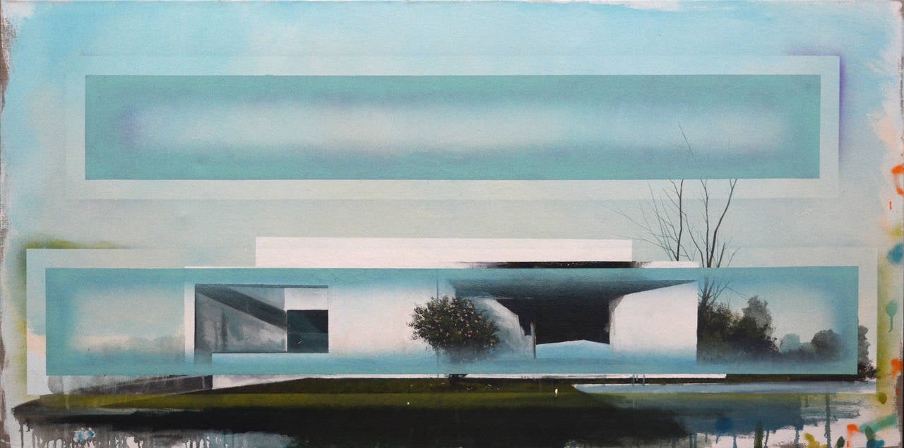 Bauhaus No 01 - grande, azul, verde, arquitectura, deconstrucción, técnica mixta