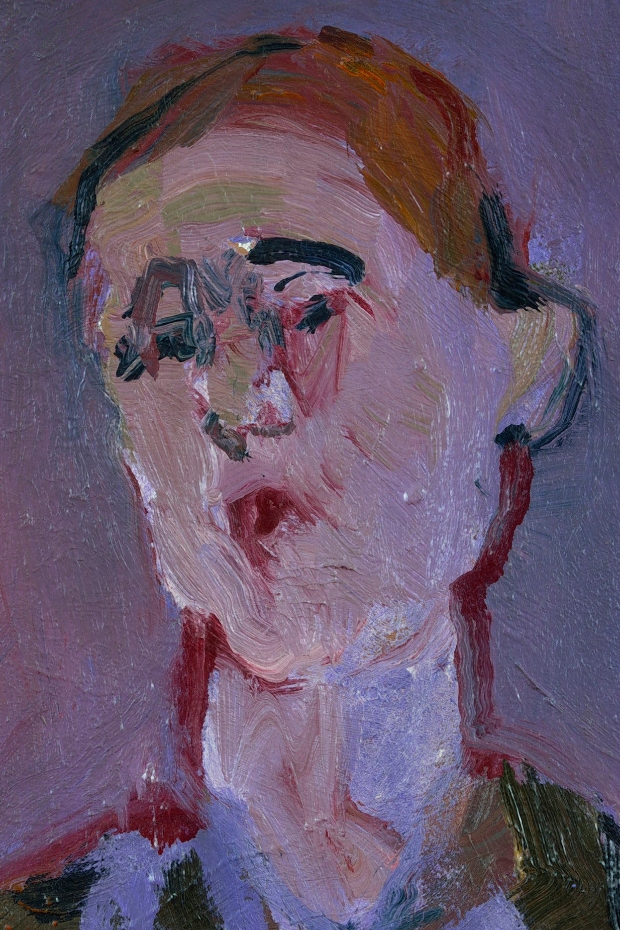 Femme avec cheveaux rouges - small lavender, pink, purple, female figurative oil - Contemporary Painting by Jennifer Hornyak