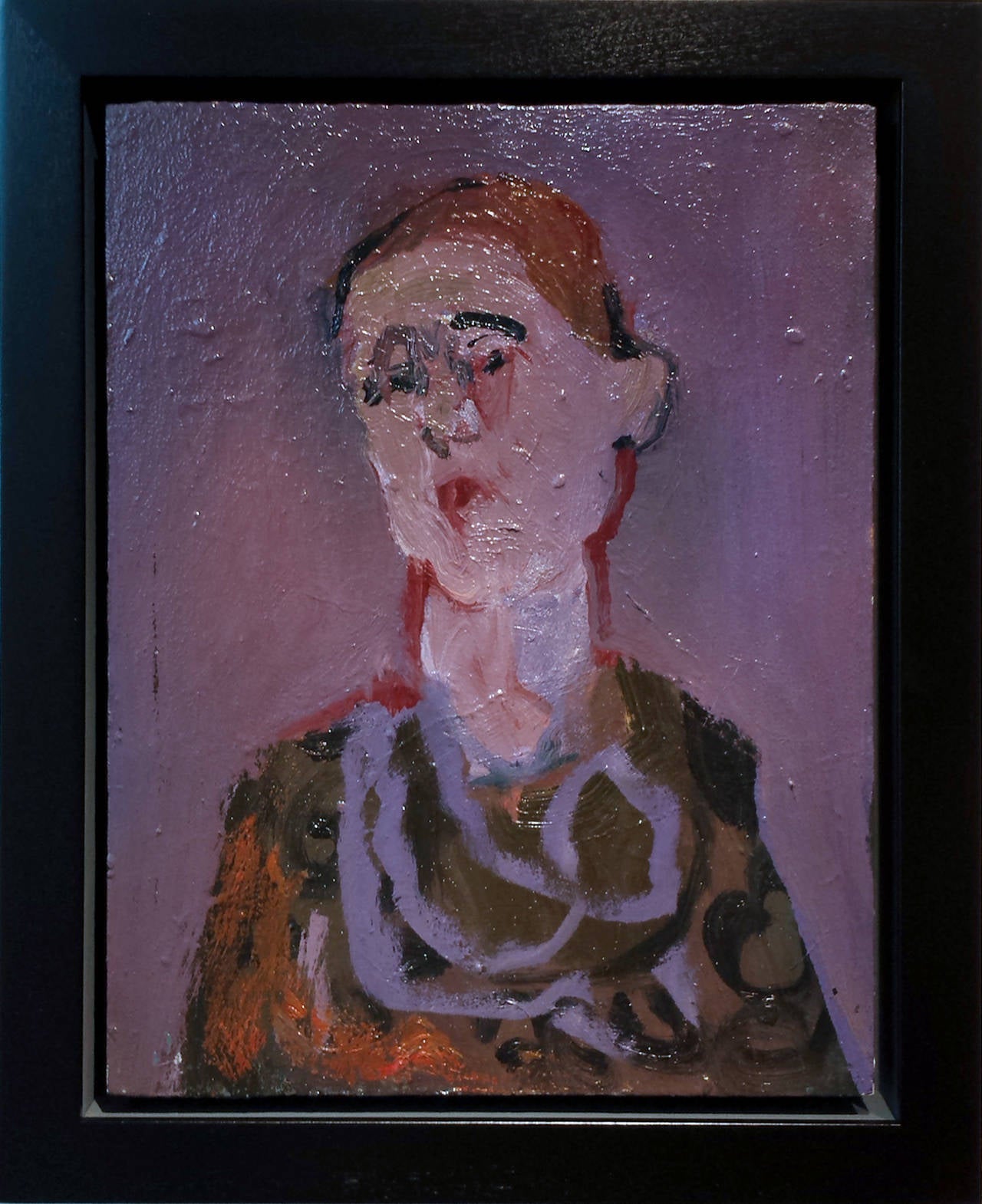 Jennifer Hornyak Figurative Painting - Femme avec cheveaux rouges - small lavender, pink, purple, female figurative oil