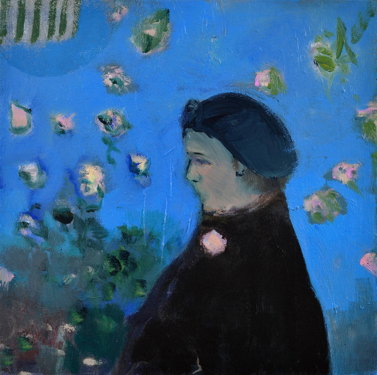 Jennifer Hornyak Portrait Painting - Lady with Broach - female portrait in blue, blue, black, pink figurative oil