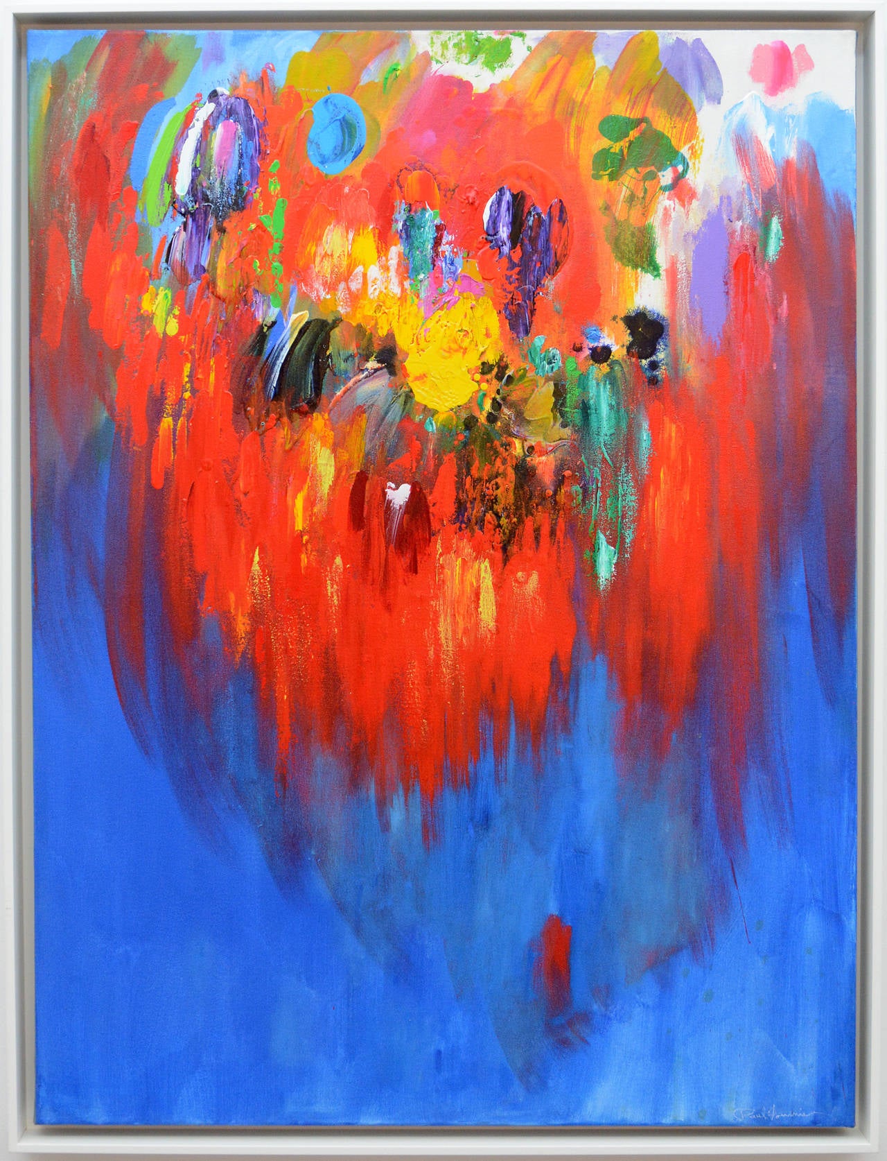 Firebird Red - bright, bold, blue, yellow, green, abstract, acrylic on canvas - Painting by Paul Fournier