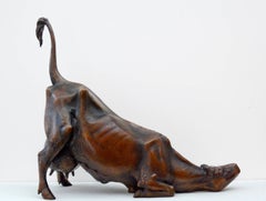 Old Bitch 2/8 - small, rustic, figurative, female cow, bronze interior sculpture