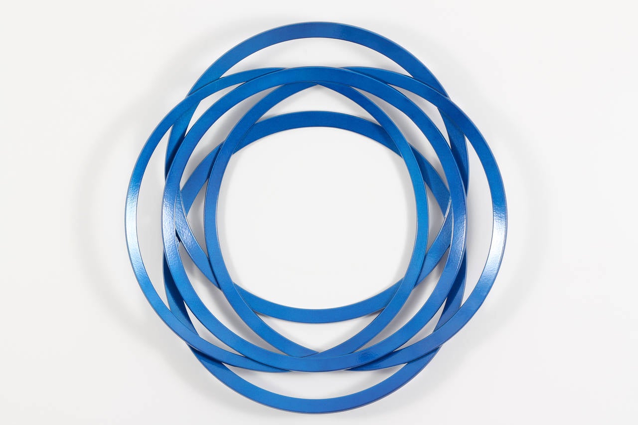 Shayne Dark Abstract Sculpture - Erratic Colour Candy Blue - circles, steel, geometric abstract, wall sculpture