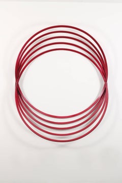 Erratic Colour Candy Red - geometric abstract, circles, steel, wall sculpture